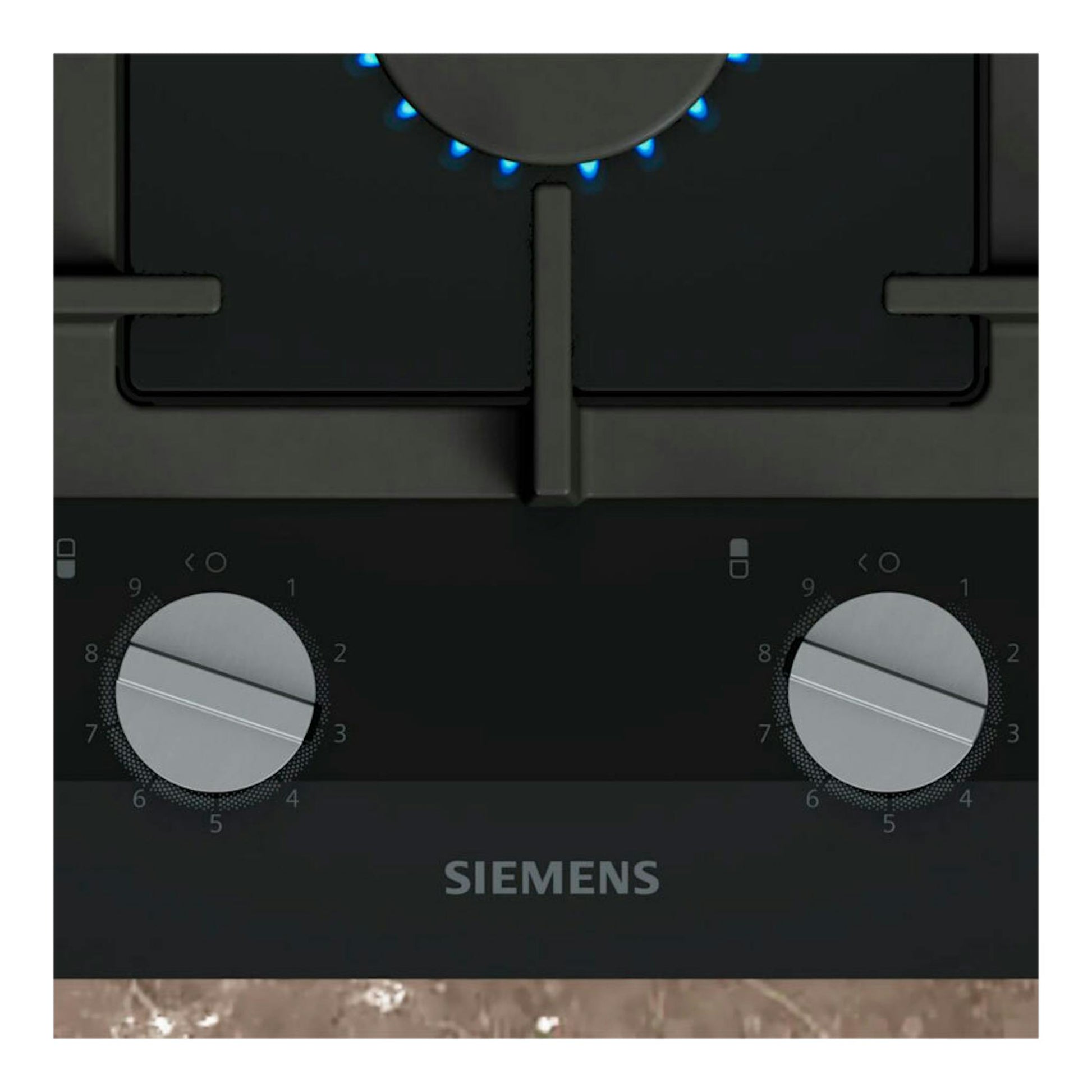 Placa de gas Siemens ER3A6BI40 negra de 30 cm, vista frontal, con dos mandos plateados.