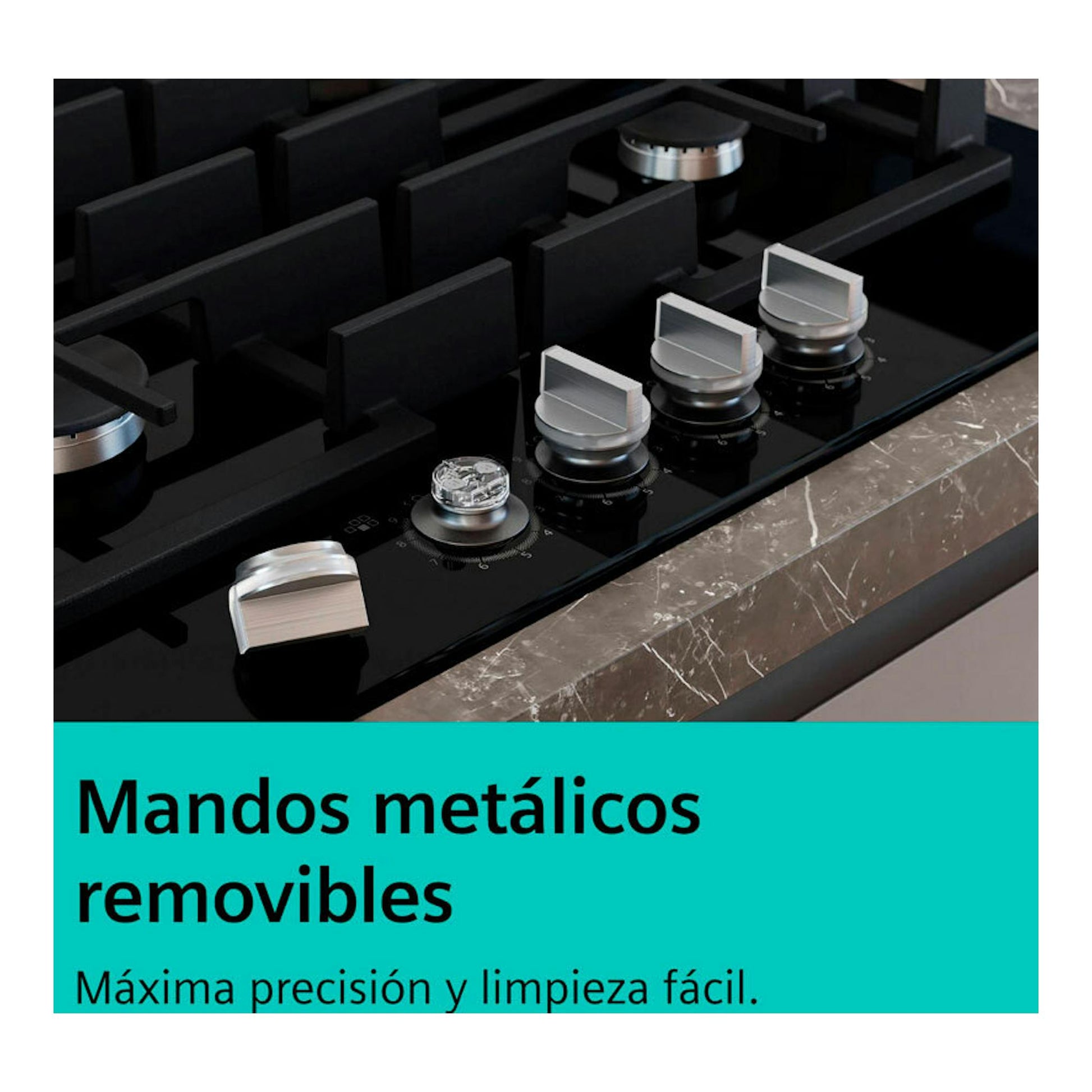 Placa de gas Siemens ER3A6BI40 negra, vista en ángulo con mandos metálicos removibles.