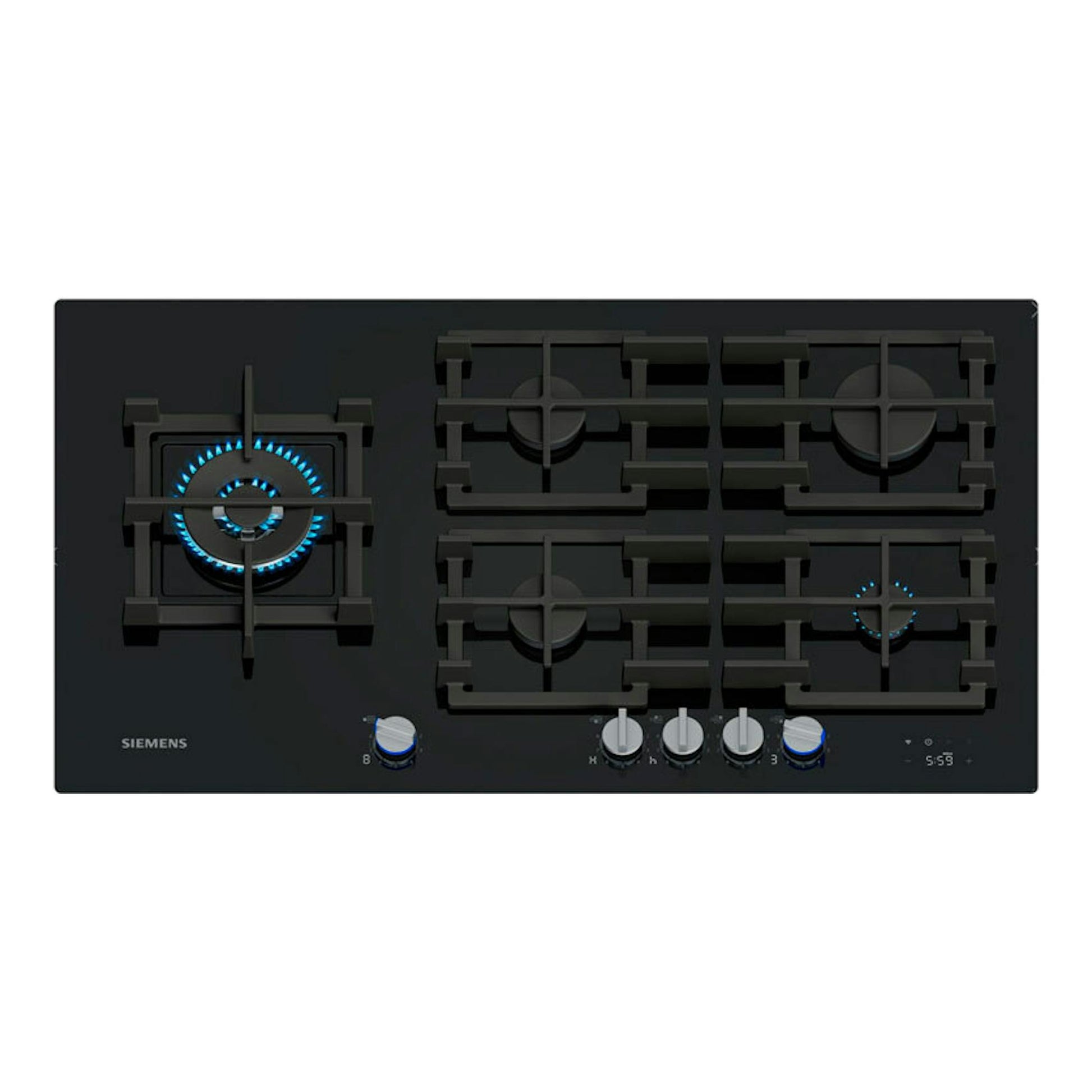 Placa de gas Siemens ER9A6SH40, vista frontal, cristal negro con cinco quemadores y parrillas de hierro.