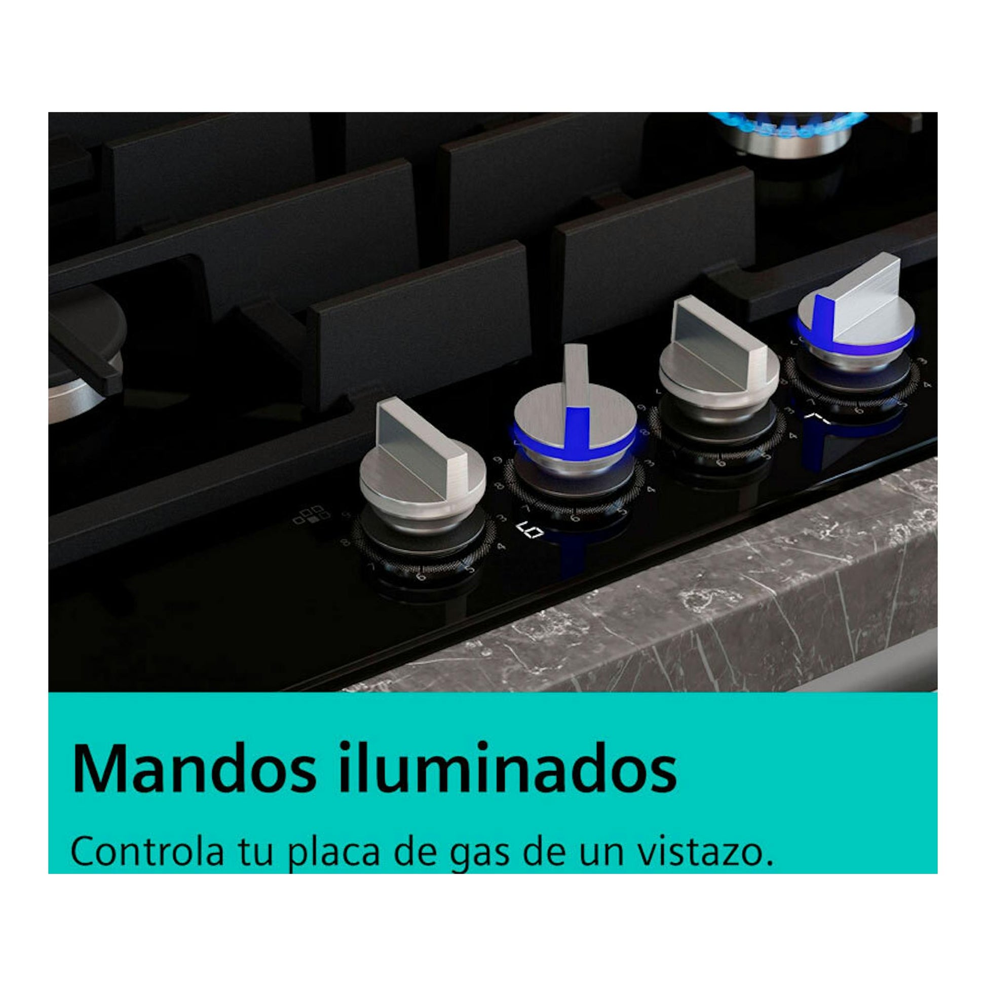 Placa de gas Siemens ER9A6SH40 de cristal negro, con mandos iluminados, vista en ángulo.