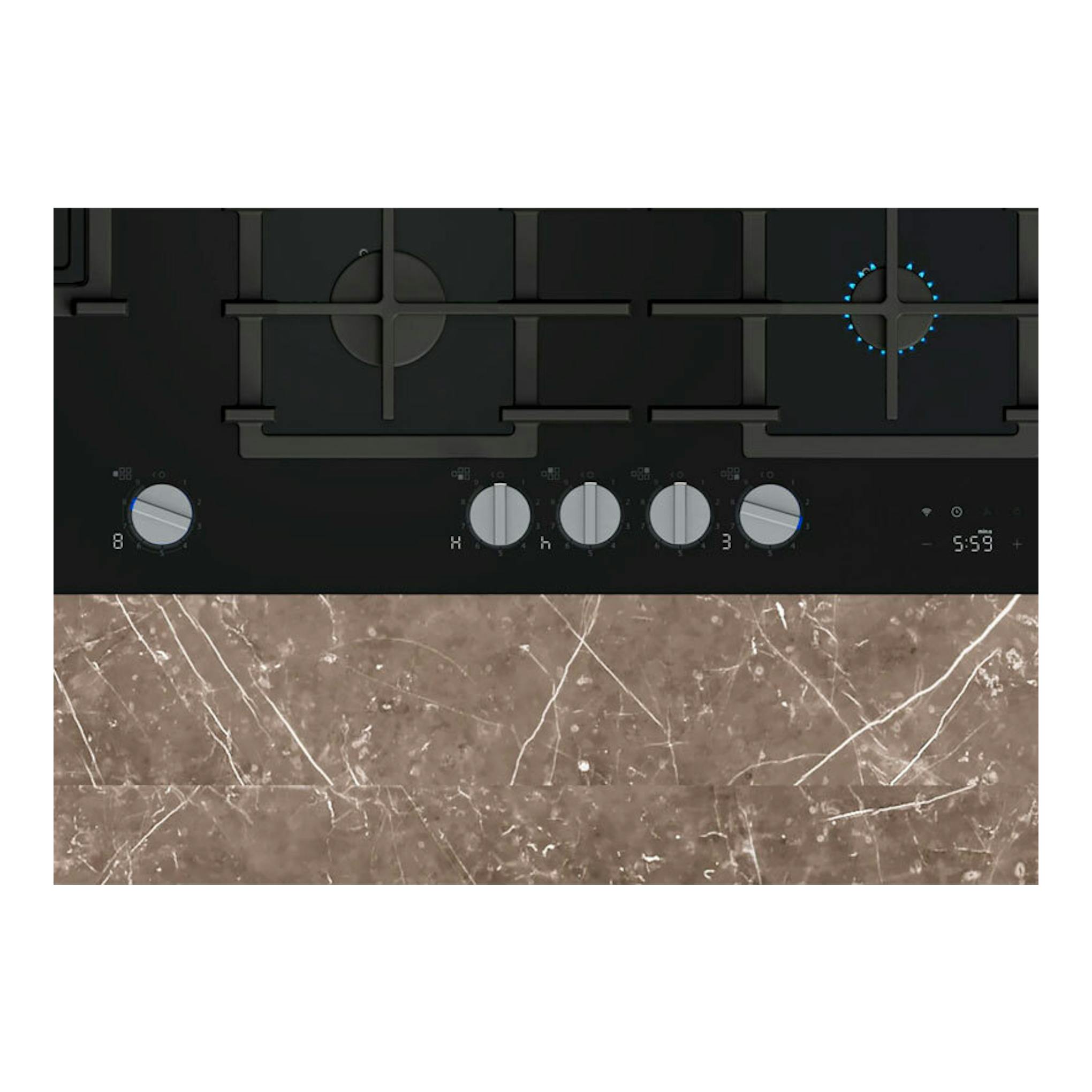 Placa de gas Siemens ER9A6SH40 de cristal negro, vista frontal, con cinco quemadores y mandos plateados.