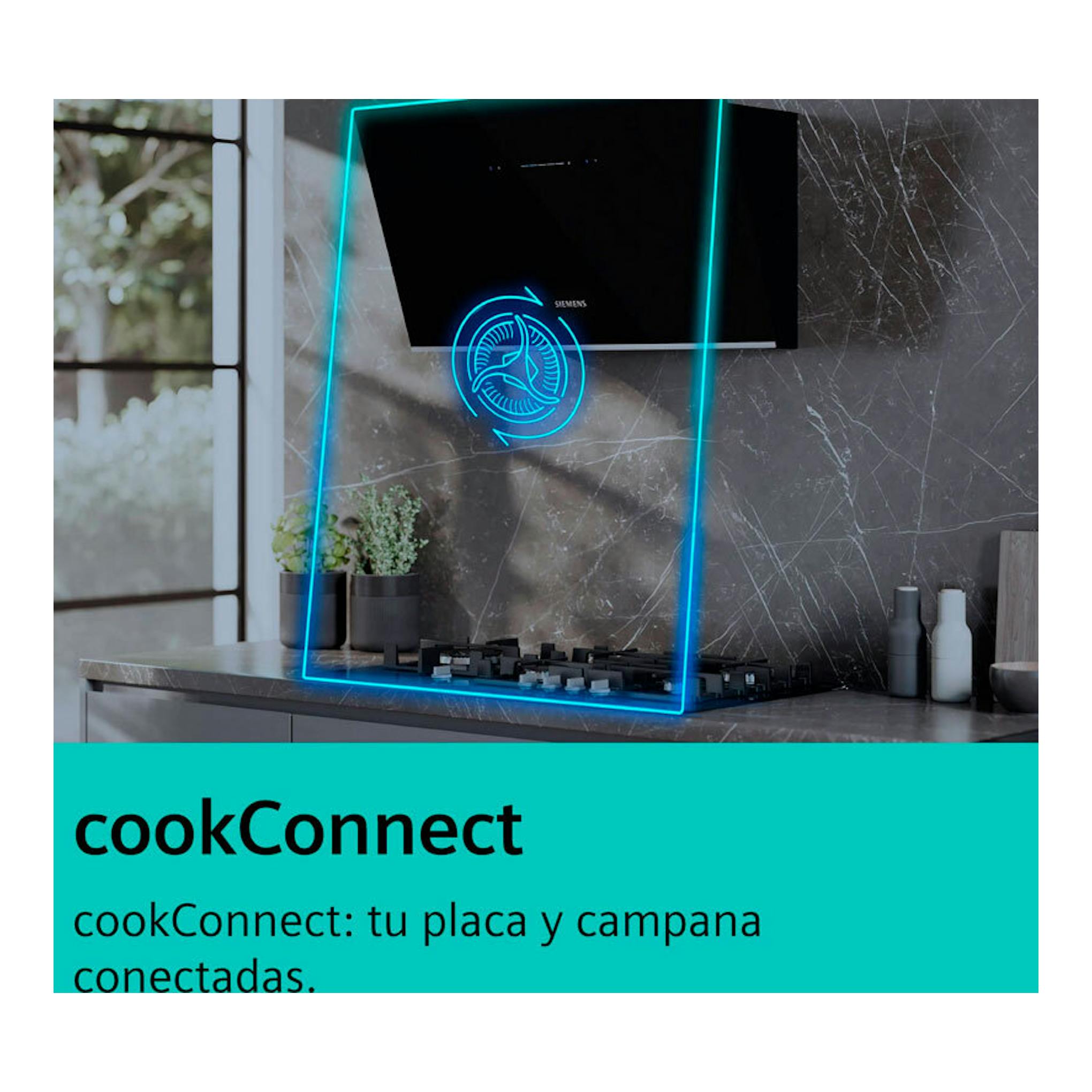 Placa de inducción negra Siemens ER9A6SH40 de 90 cm con campana integrada, vista frontal en cocina.