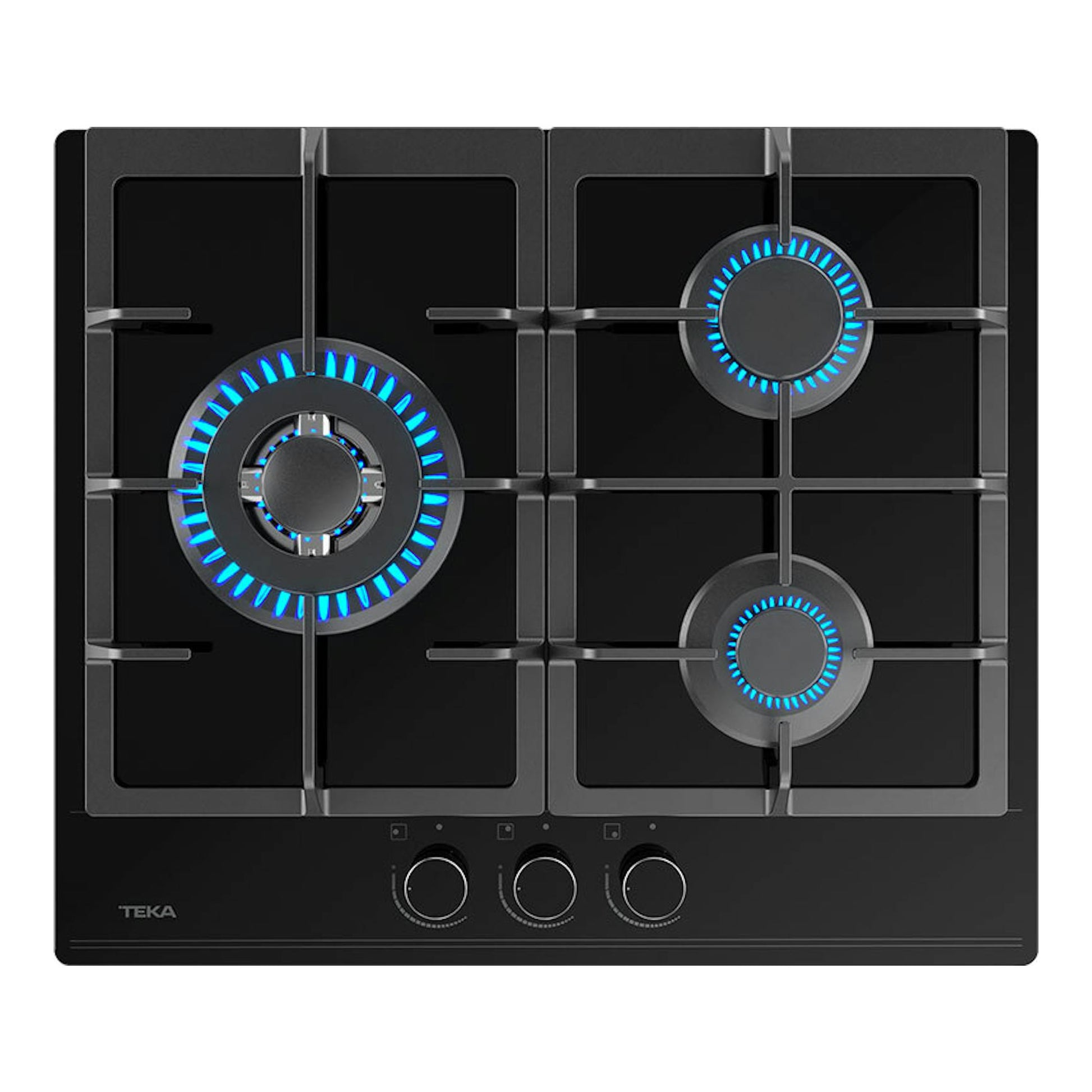 Placa de gas Teka GBC63110KBN NAT 60 cm, cristal negro, vista frontal, con 4 fuegos y tres mandos.