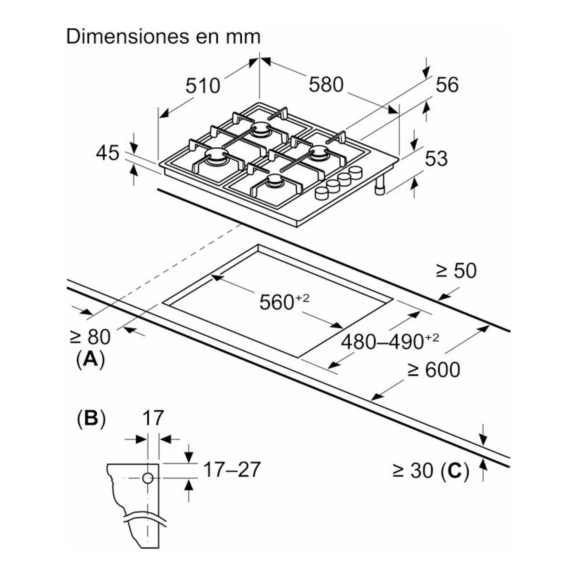 Balay 3ETX463BB: esquema técnico de placa de gas, vista superior e instalación, con medidas en mm.
