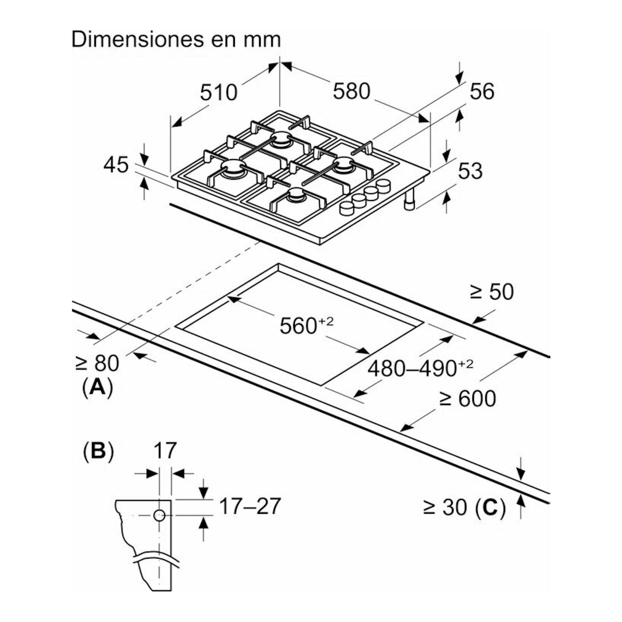 Balay 3ETX463BB: esquema técnico de placa de gas, vista superior e instalación, con medidas en mm.