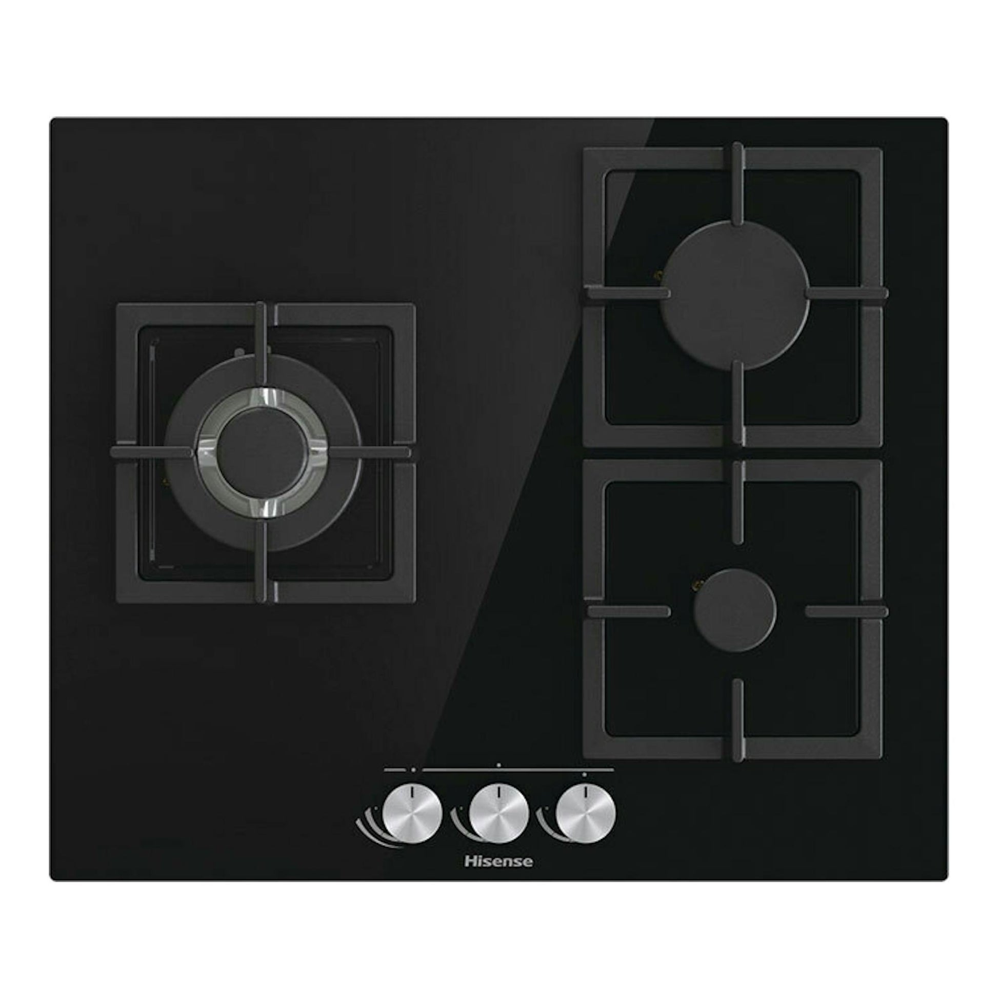 Placa de gas Hisense GG633B negra de 60 cm, vista frontal superior, con tres fuegos y mandos plateados.
