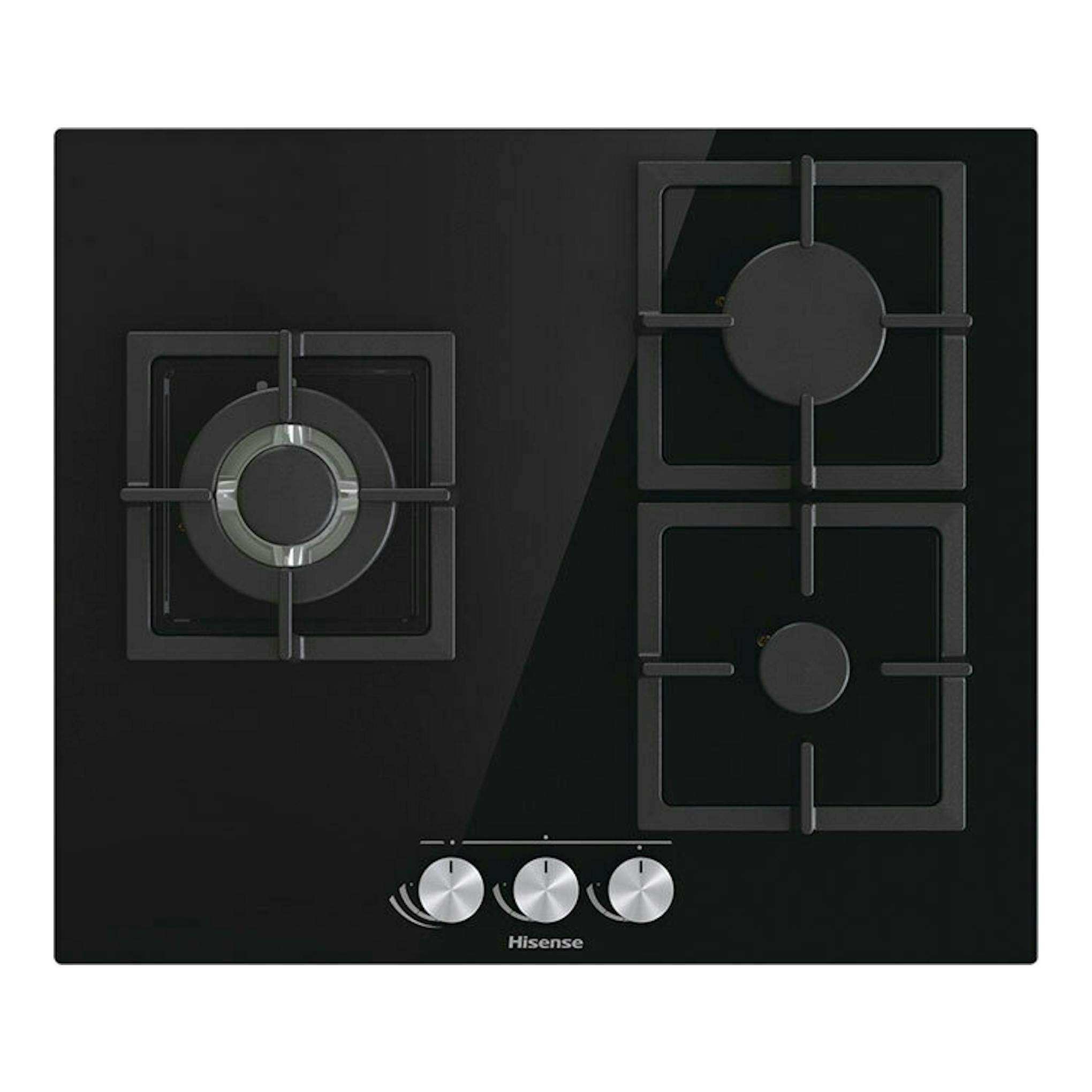 Placa de gas Hisense GG633B negra de 60 cm, vista frontal superior, con tres fuegos y mandos plateados.