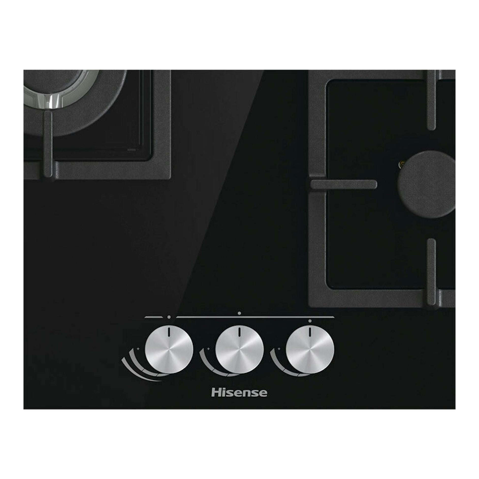 Placa de gas Hisense GG633B negra, vista frontal parcial, con tres mandos plateados y quemadores visibles.