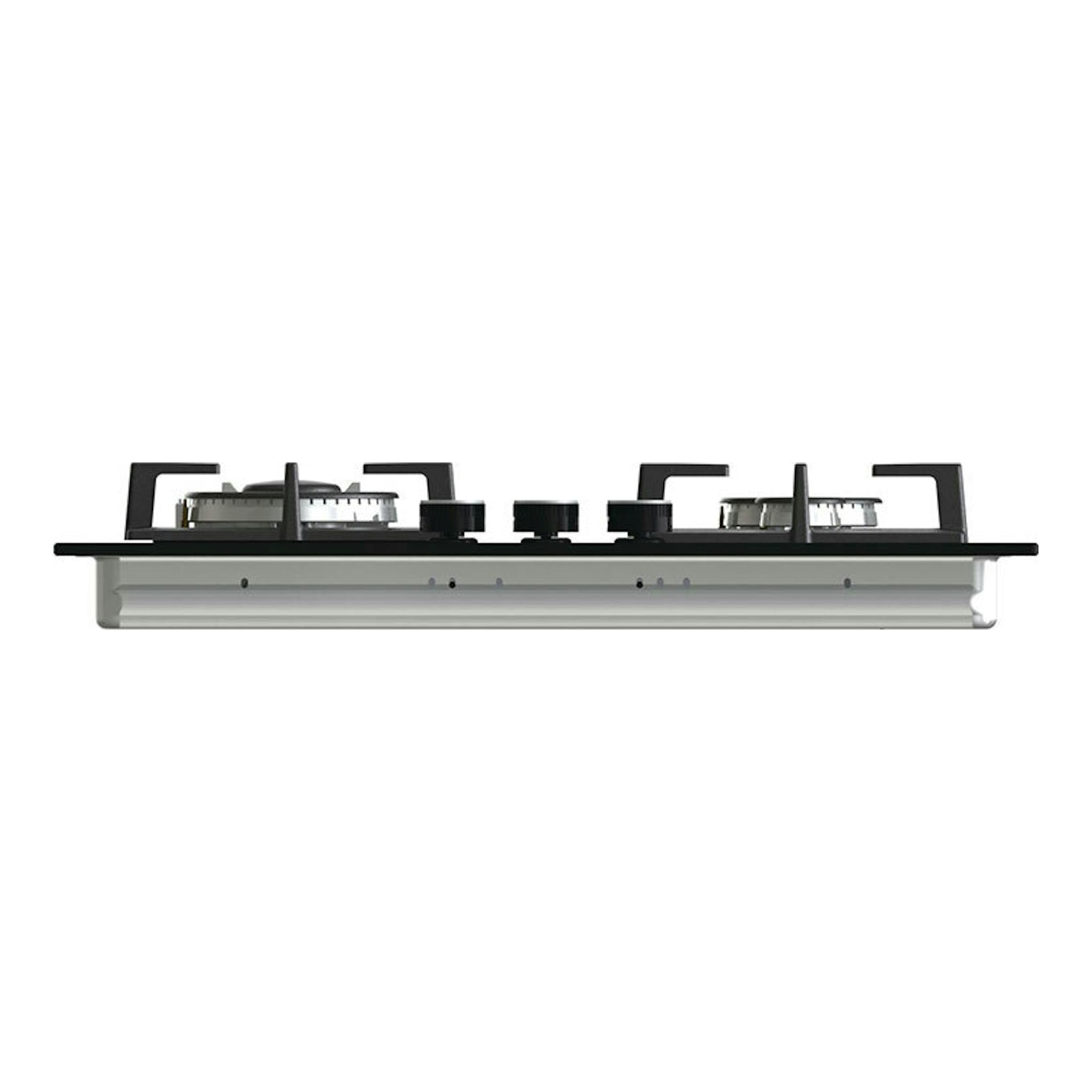 Placa de gas Hisense GG633B de 60 cm, vista lateral, negra, con cuatro quemadores y rejillas.