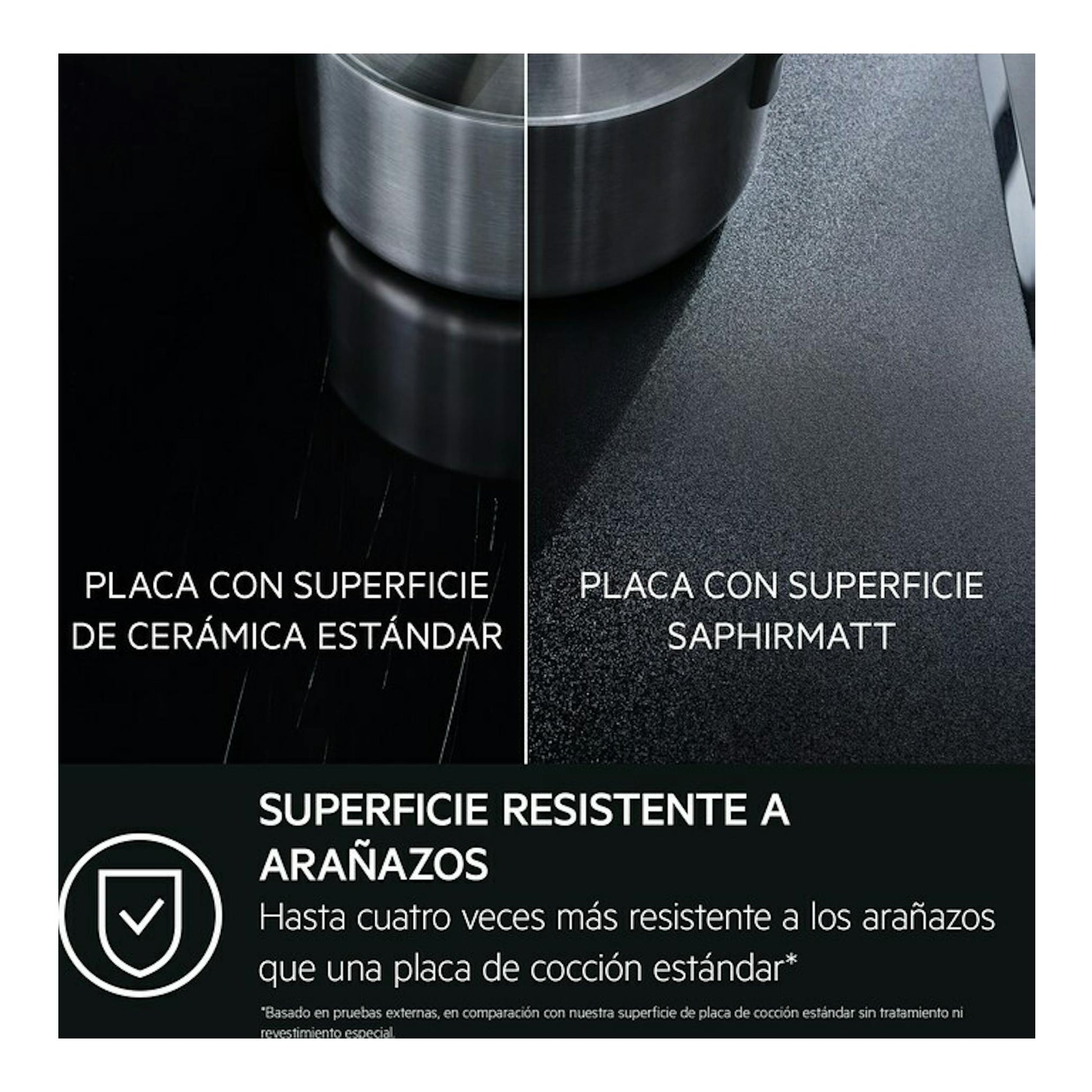 Placa de inducción AEG TI63IQ30FZ, vista frontal, en negro, con tres zonas y borde biselado.