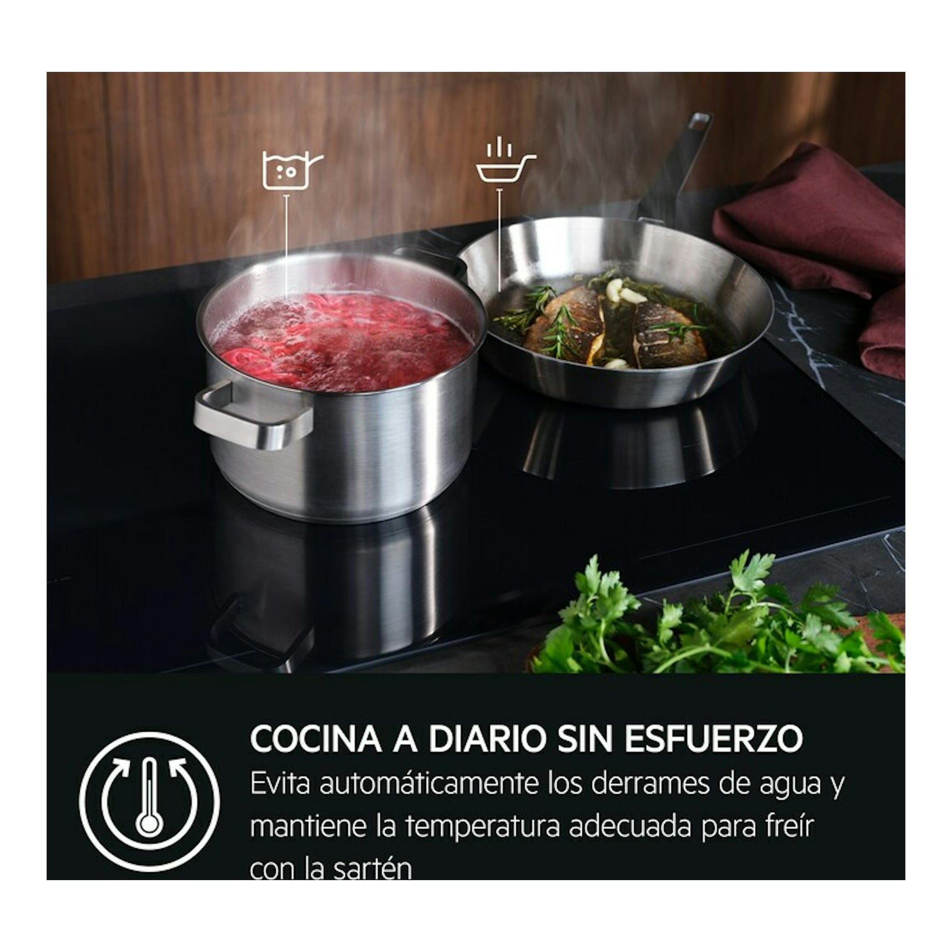 Placa de inducción AEG TI63IQ30FZ negra, vista frontal, con dos ollas y una sartén sobre la superficie.