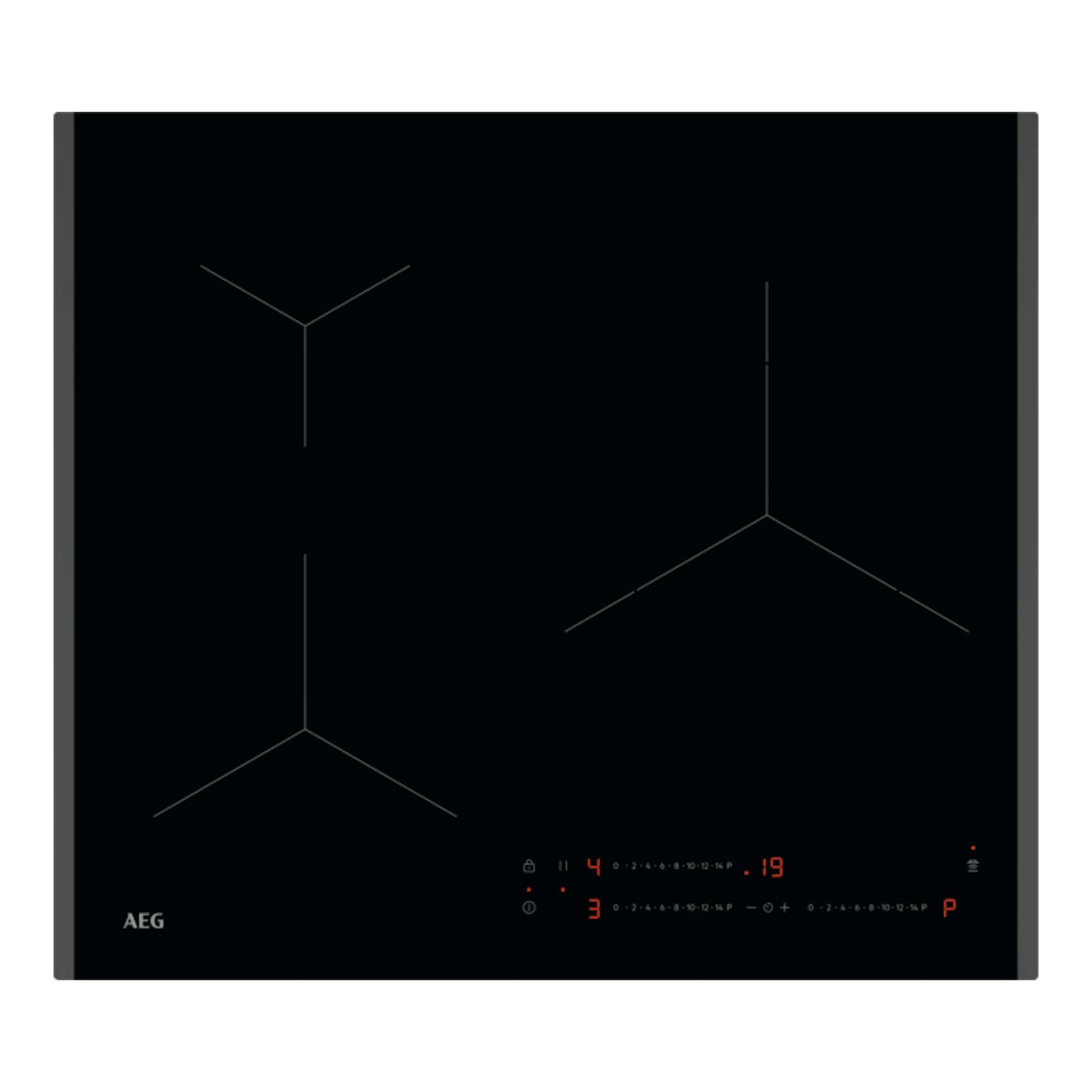 Placa de inducción AEG TO63IV0FFB negra, vista superior, con 3 zonas y panel táctil en la parte inferior.