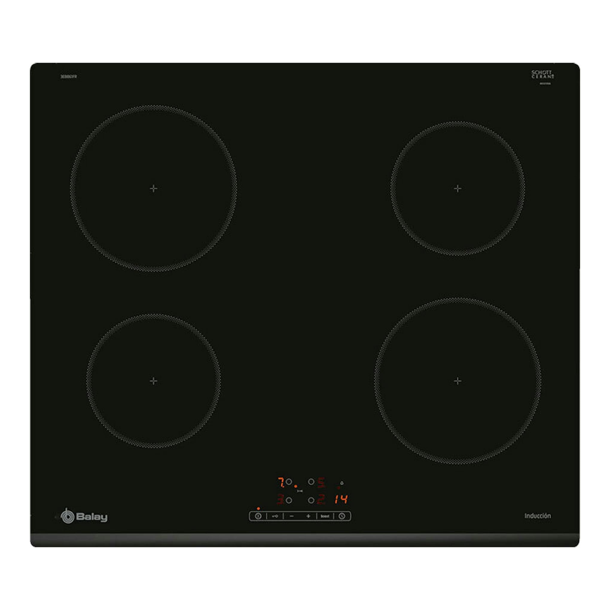 Placa de inducción Balay 3EB861FR negra, vista frontal, con cuatro zonas de cocción.