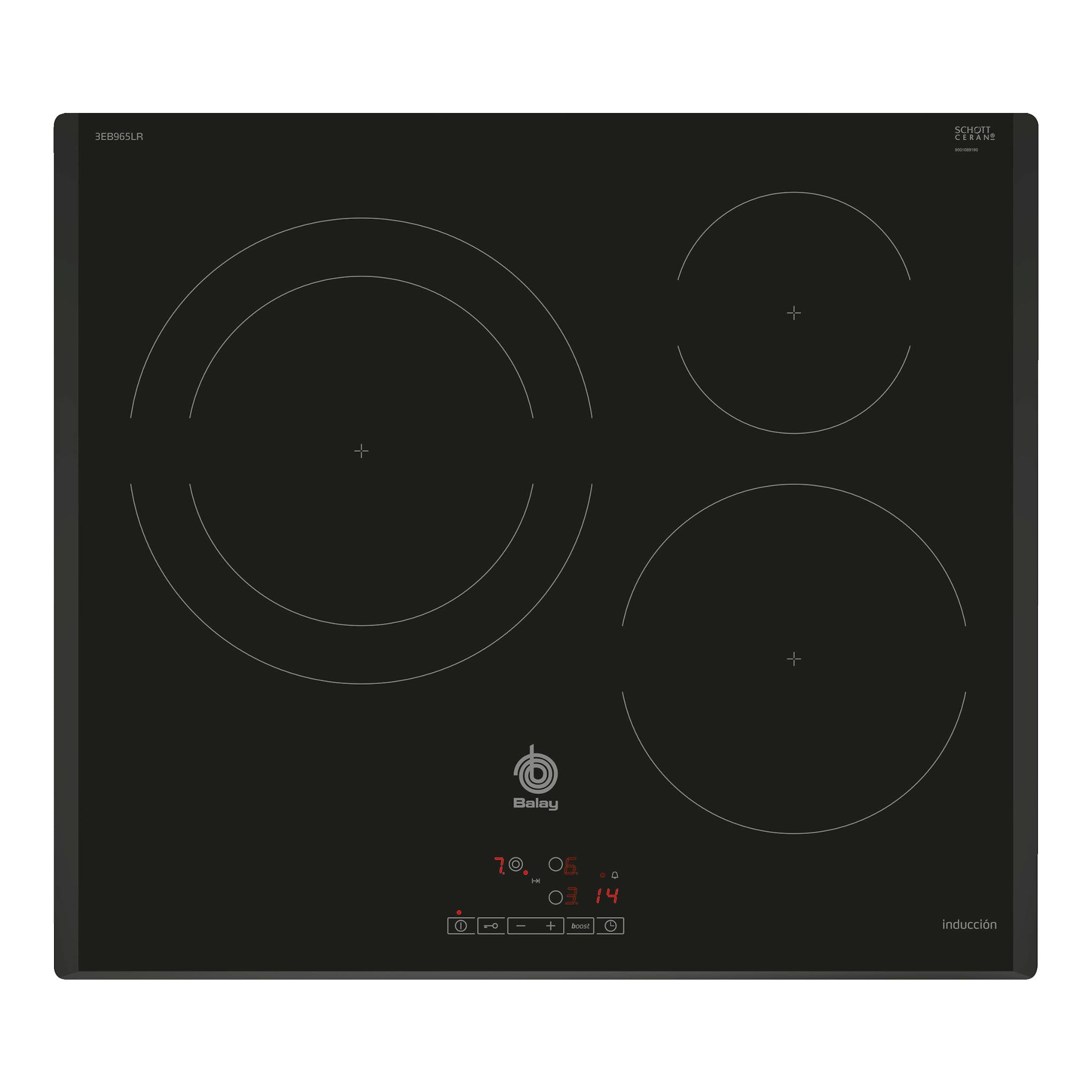 Placa de inducción Balay 3EB965LR negra, vista superior, con 3 zonas y controles táctiles.