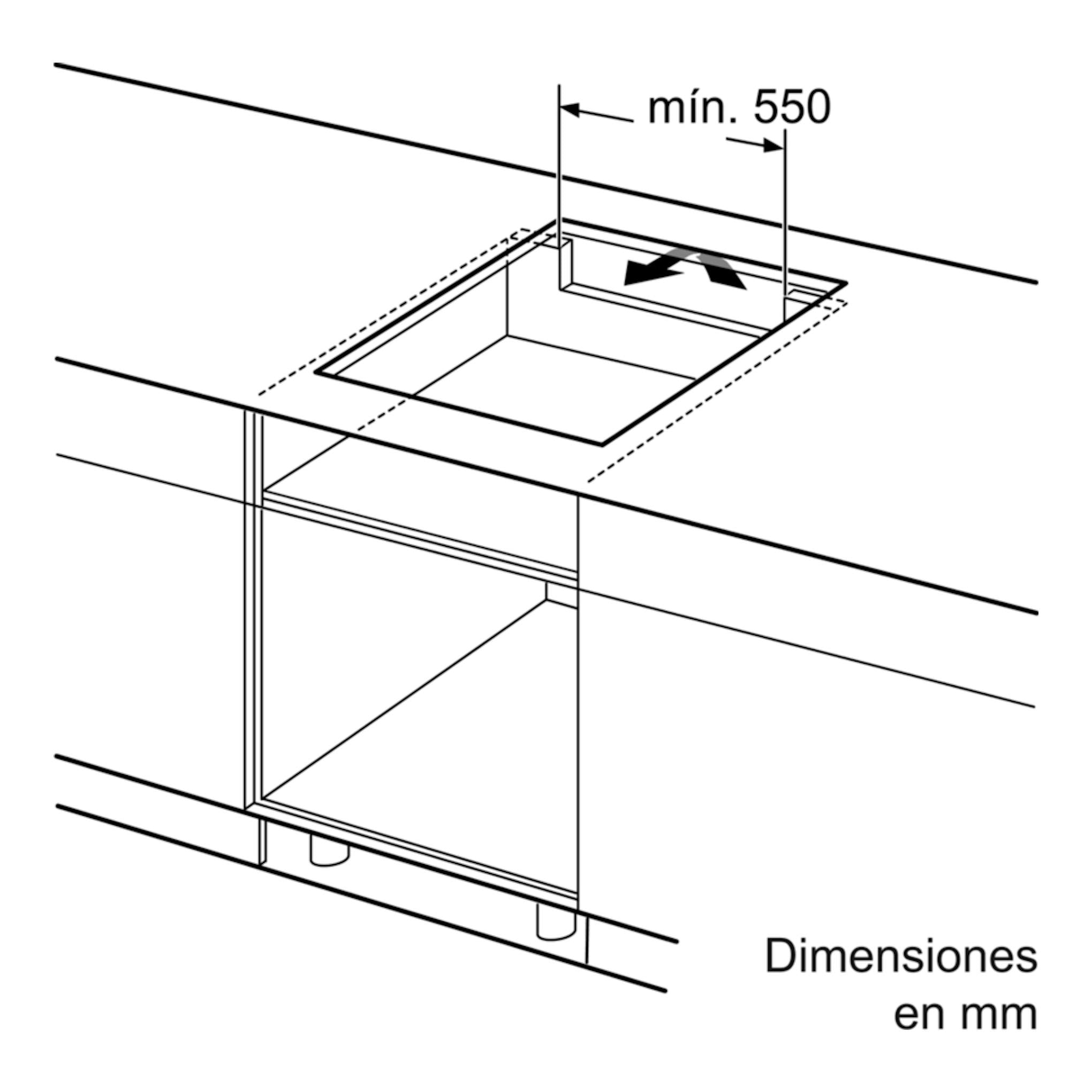 Diagrama técnico de encastre de placa de inducción Balay 3EB965LR, vista superior, corte mínimo de 550 mm.