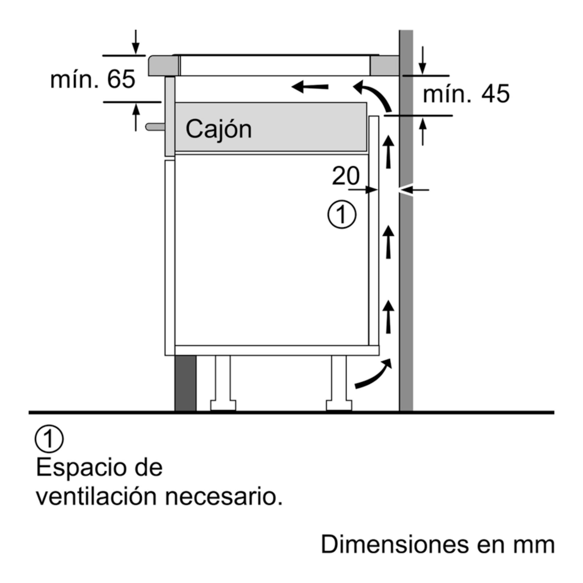 Esquema lateral de instalación de placa de inducción Balay 3EB965LR, con cajón y medidas mín. 65 y 45 mm.