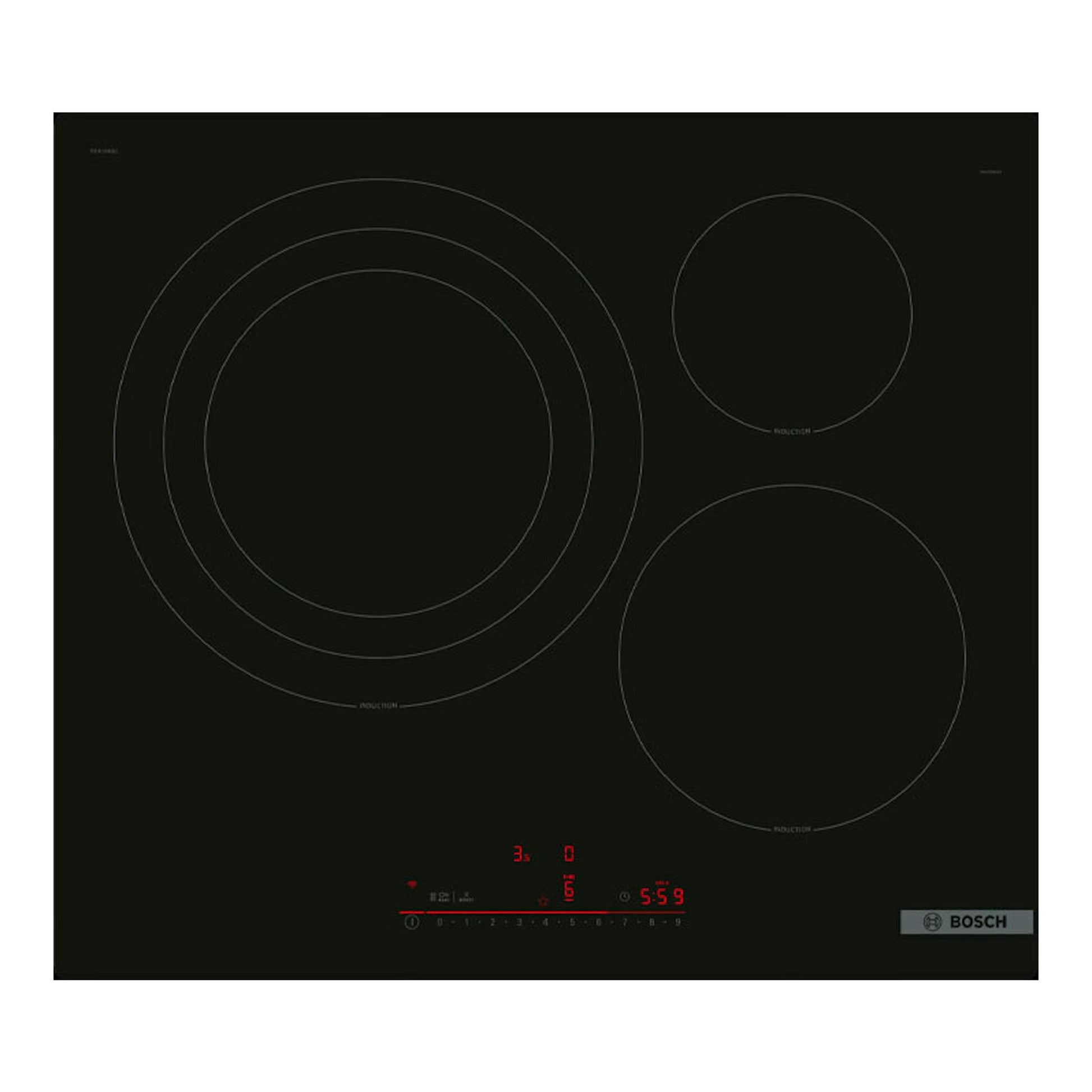 Placa de inducción Bosch PID61RHB1E negra, vista cenital, con 4 zonas circulares y panel táctil digital.