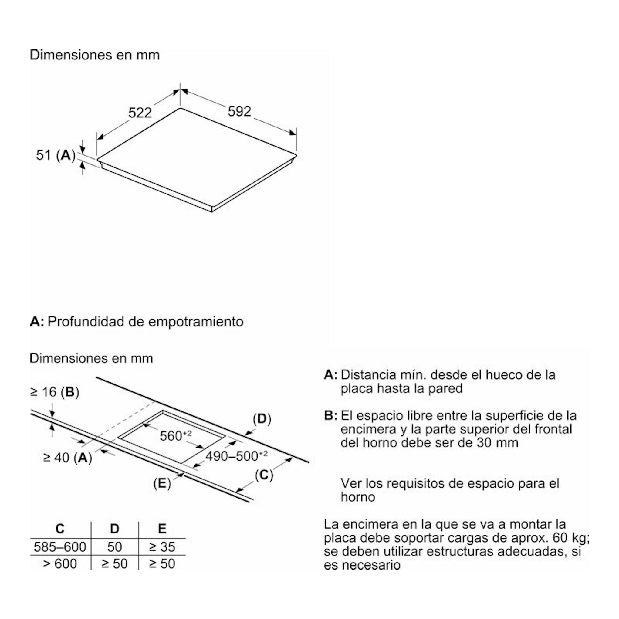 Bosch PID61RHB1E: esquema técnico en vista isométrica de placa de inducción, con medidas 592x522x51 mm.