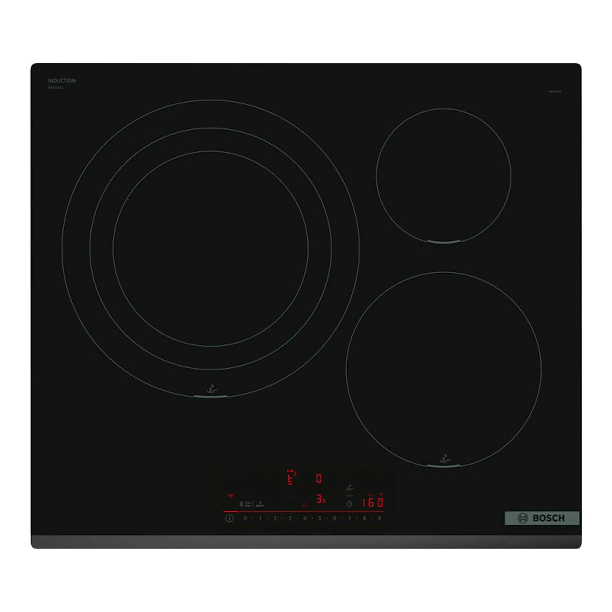 Placa de inducción Bosch PID631HC1E, vista superior, negra, con tres zonas circulares y panel táctil.