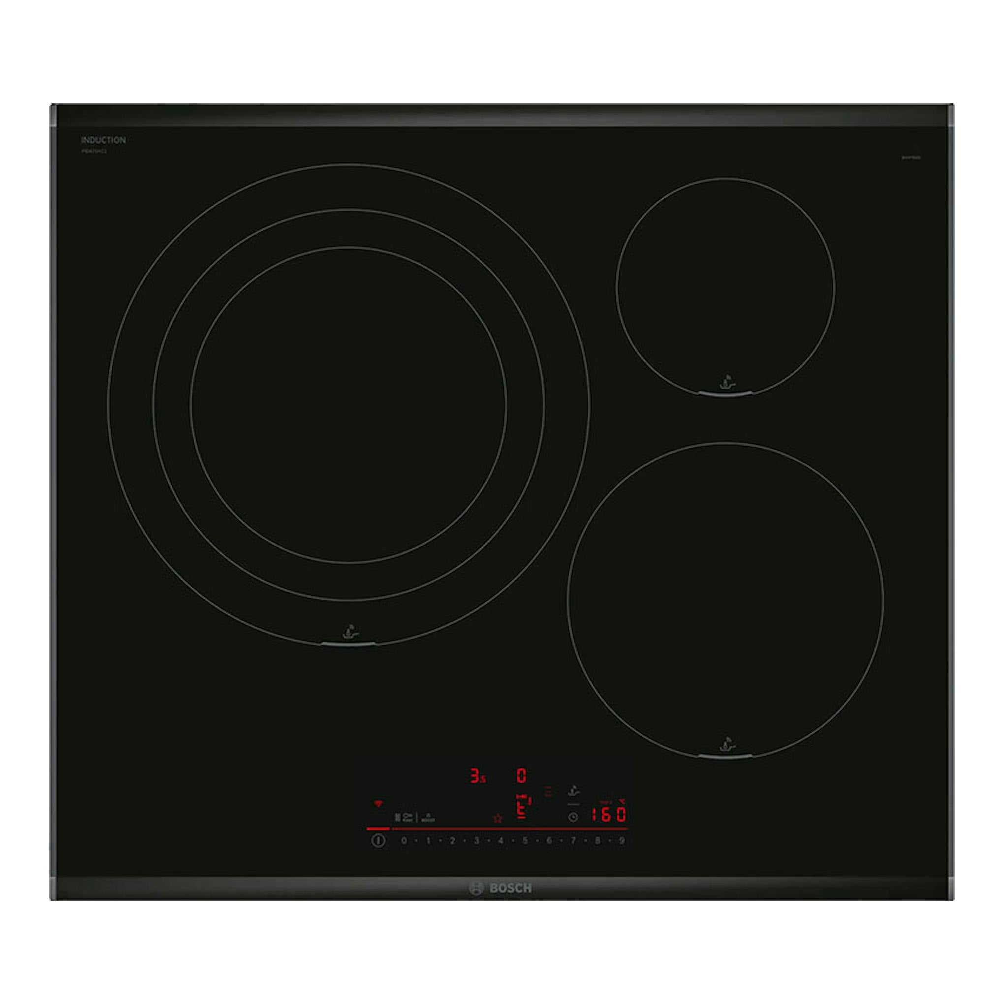 Placa de inducción Bosch PID675HC1E negra, vista frontal, con tres zonas de cocción y controles táctiles.