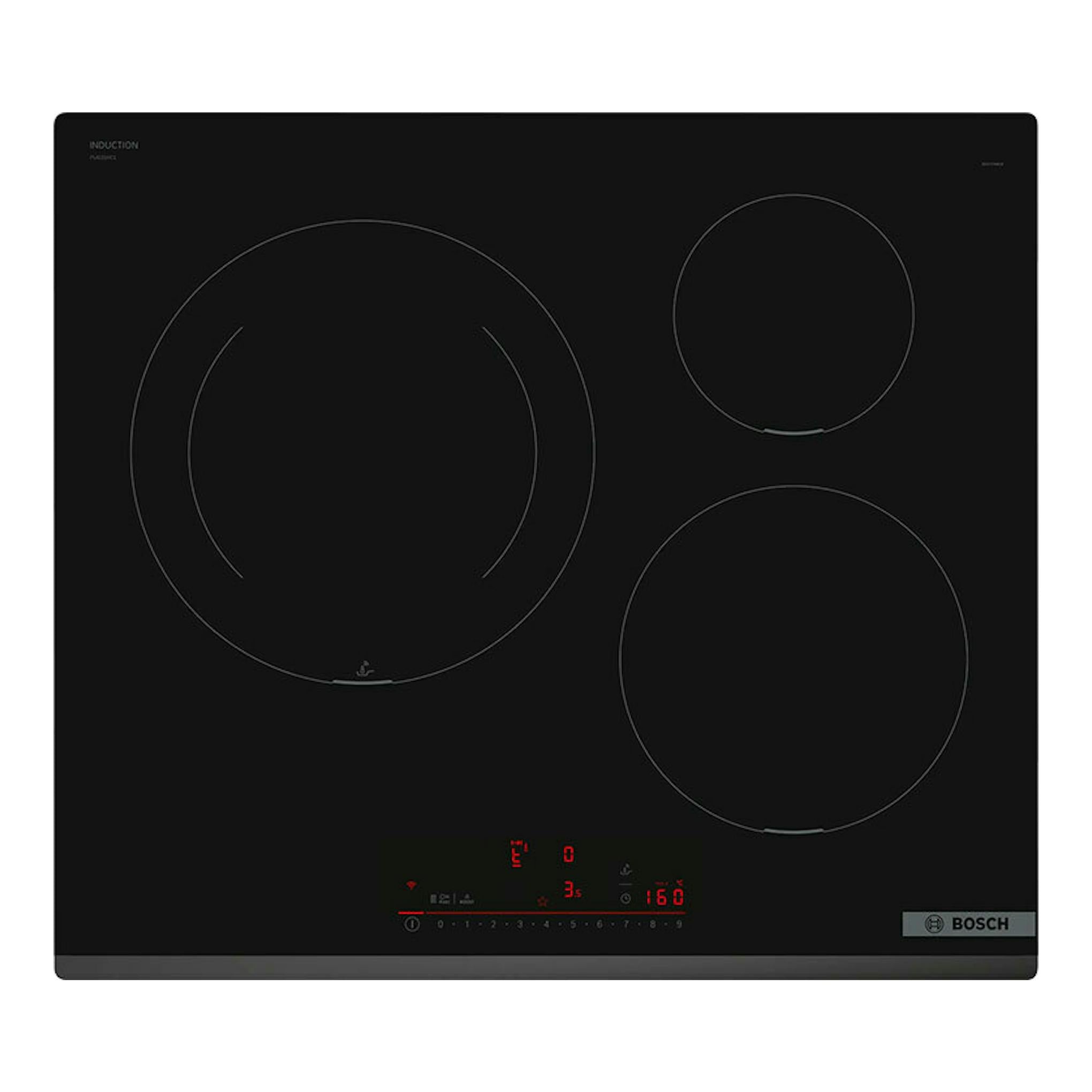 Placa de inducción Bosch PIJ631HC1E negra, vista superior, con tres zonas circulares y panel táctil.