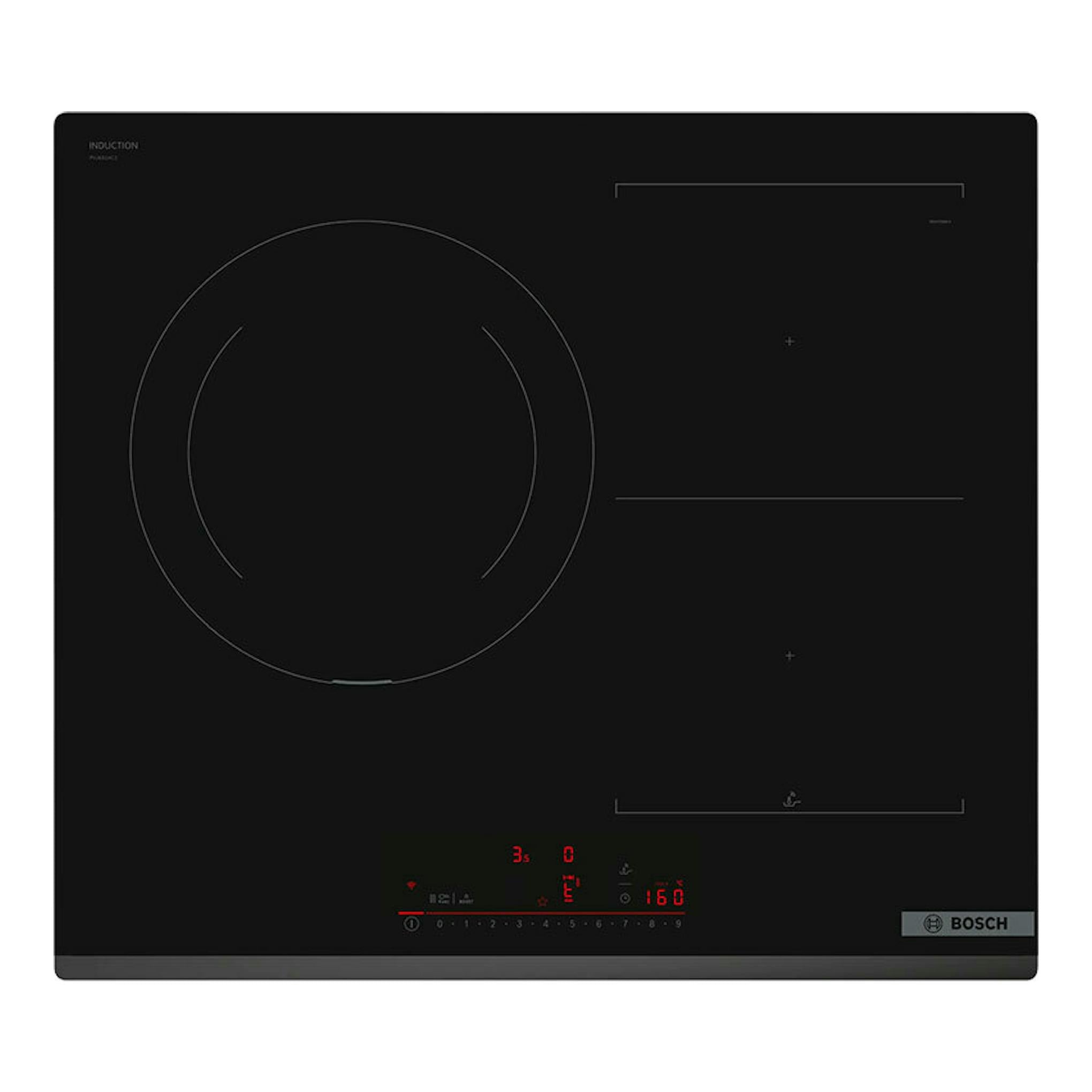 Placa de inducción Bosch PVJ631HC1E negra, vista superior, con mandos táctiles y zonas de cocción.