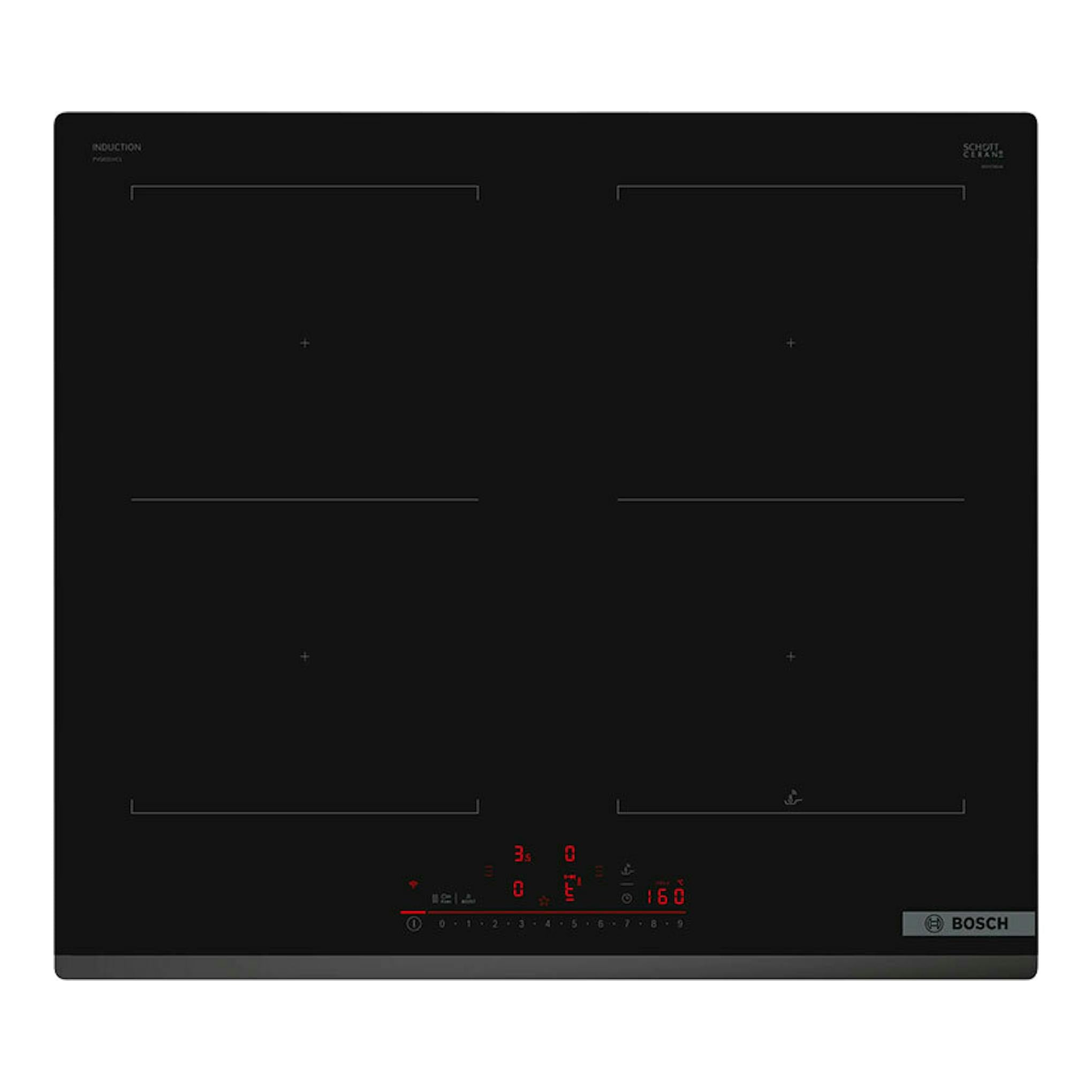 Placa de inducción Bosch PVQ631HC1E negra, vista frontal, con cuatro zonas y panel táctil iluminado en rojo.