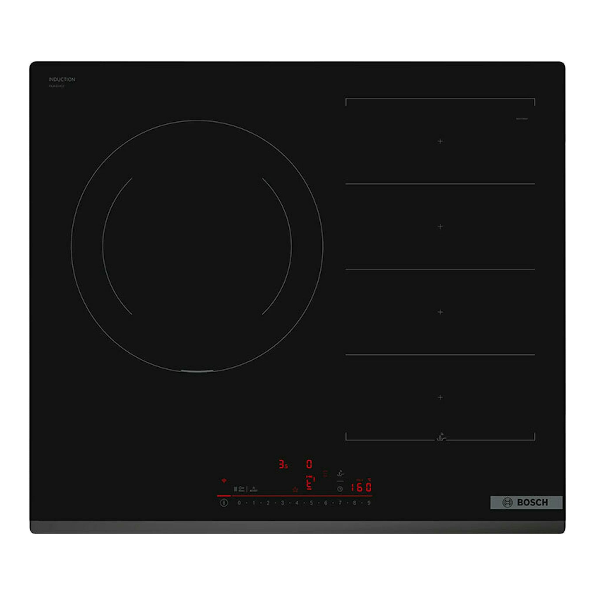 Placa de inducción Bosch PXJ631HC2E negra, vista superior, con mandos táctiles y zonas de cocción marcadas.