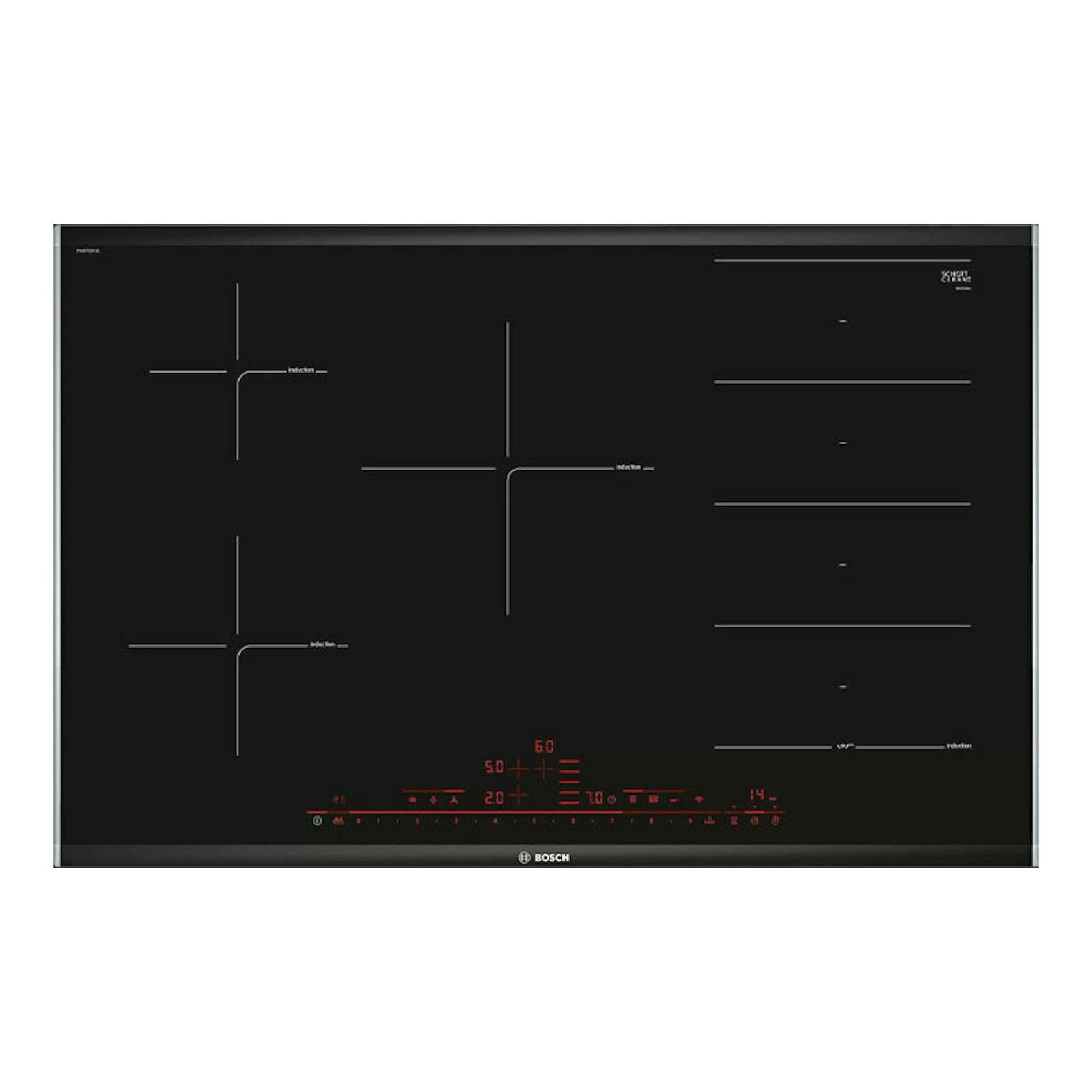 Placa de inducción Bosch PXV875DV1E de 80 cm, negra, vista superior, con mandos táctiles rojos.