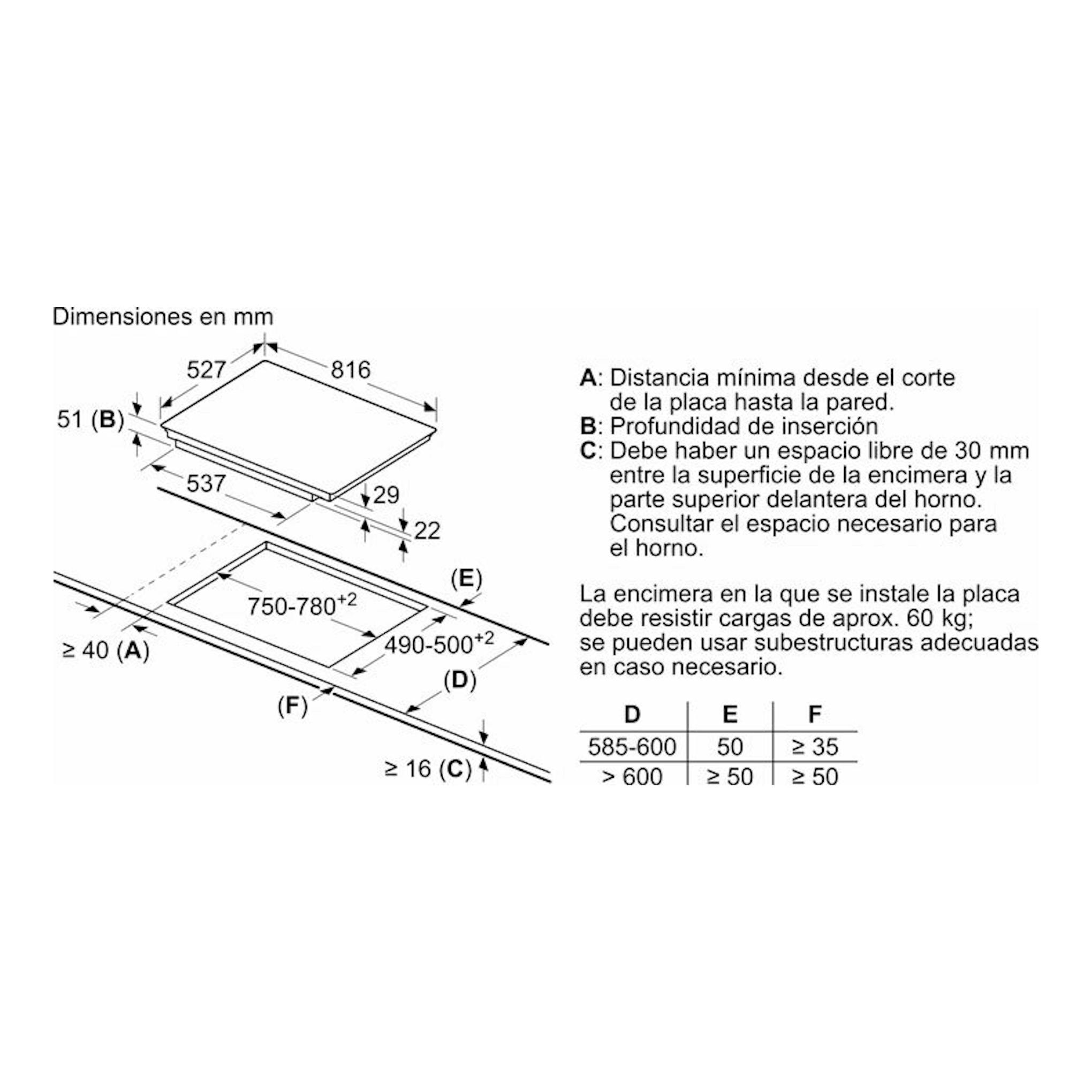 Bosch PXV875DV1E: esquema técnico en blanco y negro de placa de inducción con medidas de instalación.