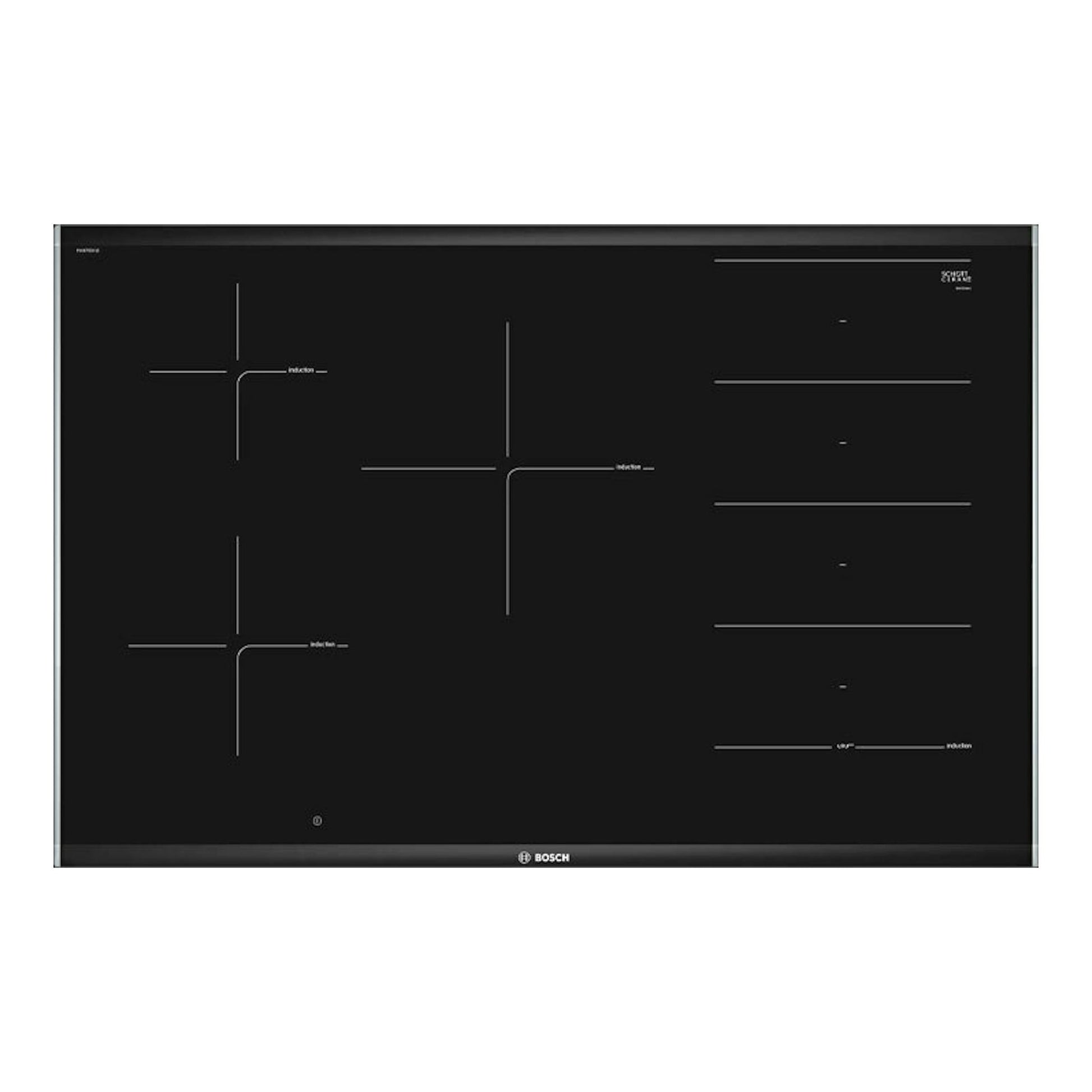Placa de inducción Bosch PXV875DV1E negra, vista superior, con zonas de cocción marcadas.