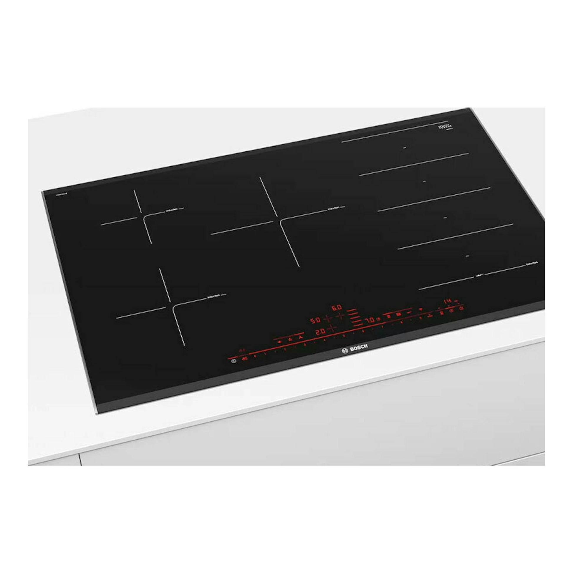 Placa de inducción Bosch PXV875DV1E negra de 80 cm, vista en ángulo, con mandos táctiles rojos.