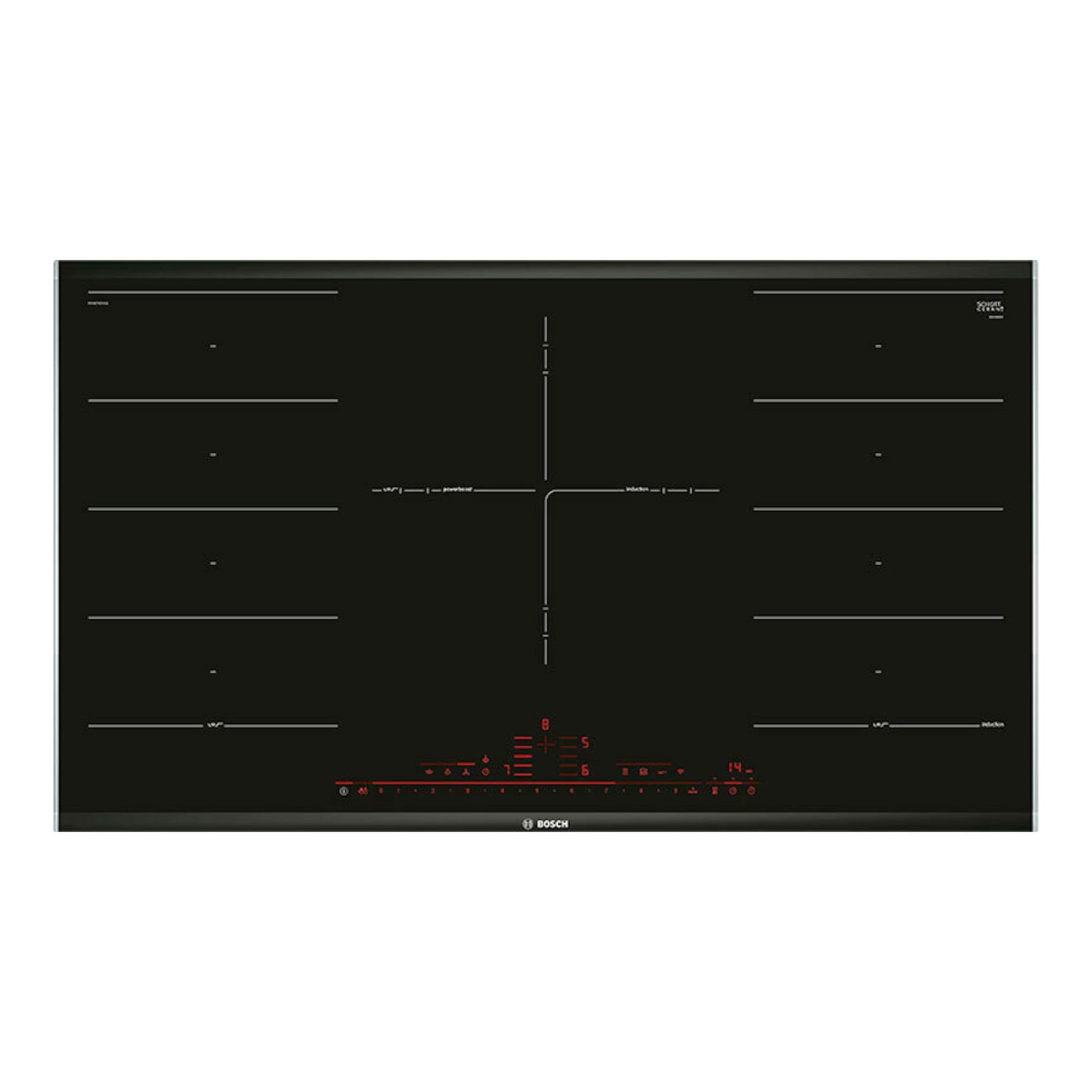 Placa de inducción Bosch PXV975DV1E negra, vista frontal superior, con mandos táctiles rojos.