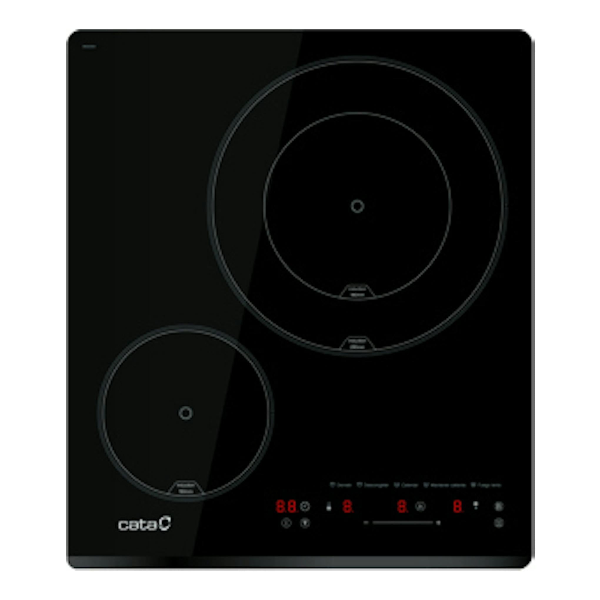 Placa de inducción Cata IB 4002 BK negra, biselada, vista superior, 2 zonas y panel táctil.