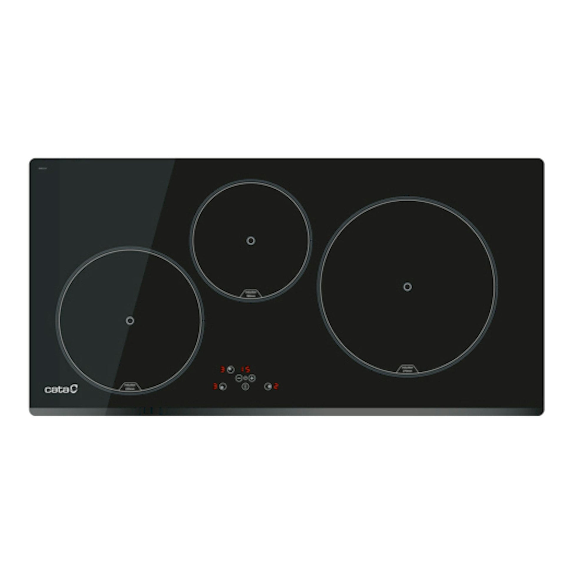 Placa de inducción Cata IB 853 BK negra, vista frontal, con 3 zonas circulares y panel táctil.