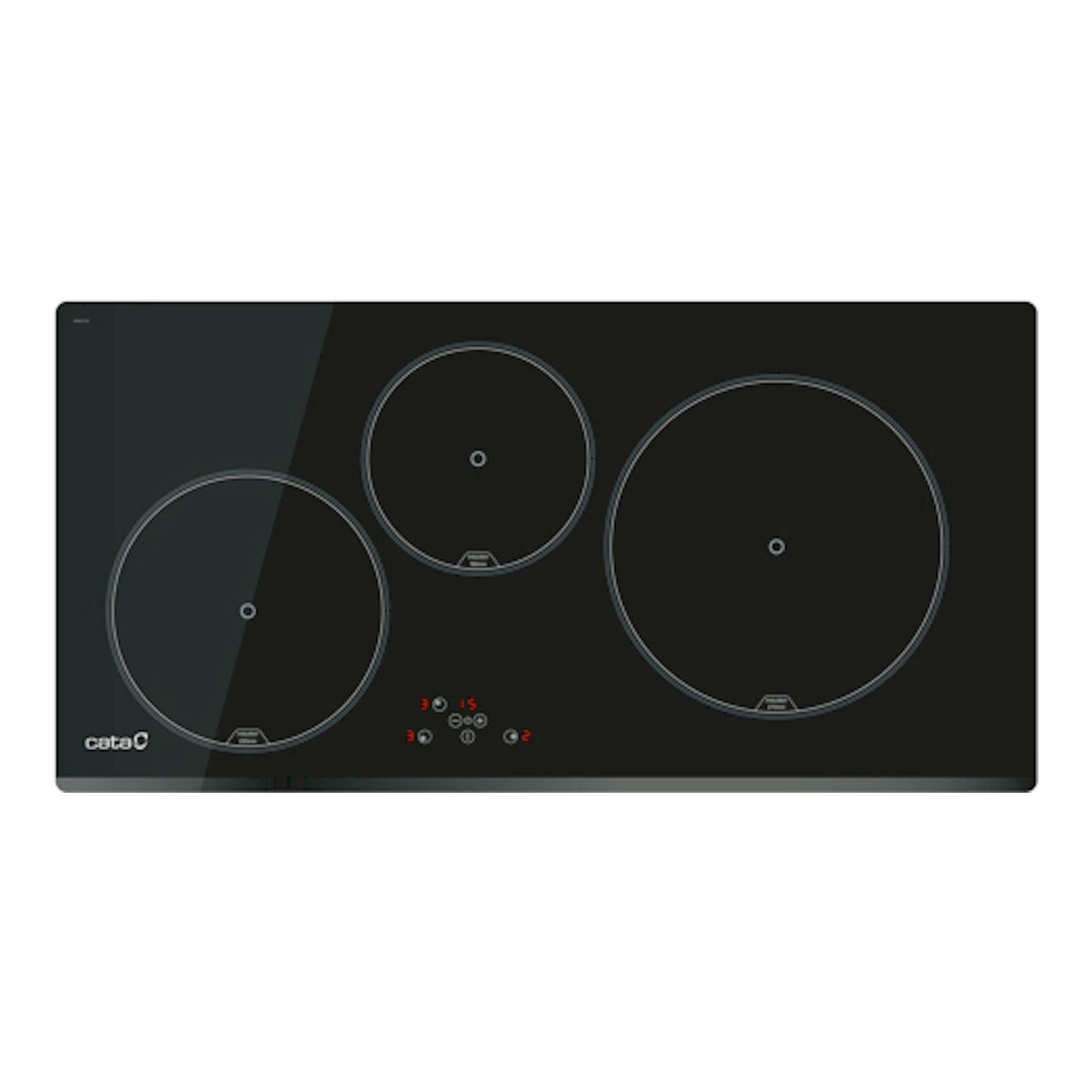 Placa de inducción Cata IB 853 BK negra, vista frontal, con 3 zonas circulares y panel táctil.