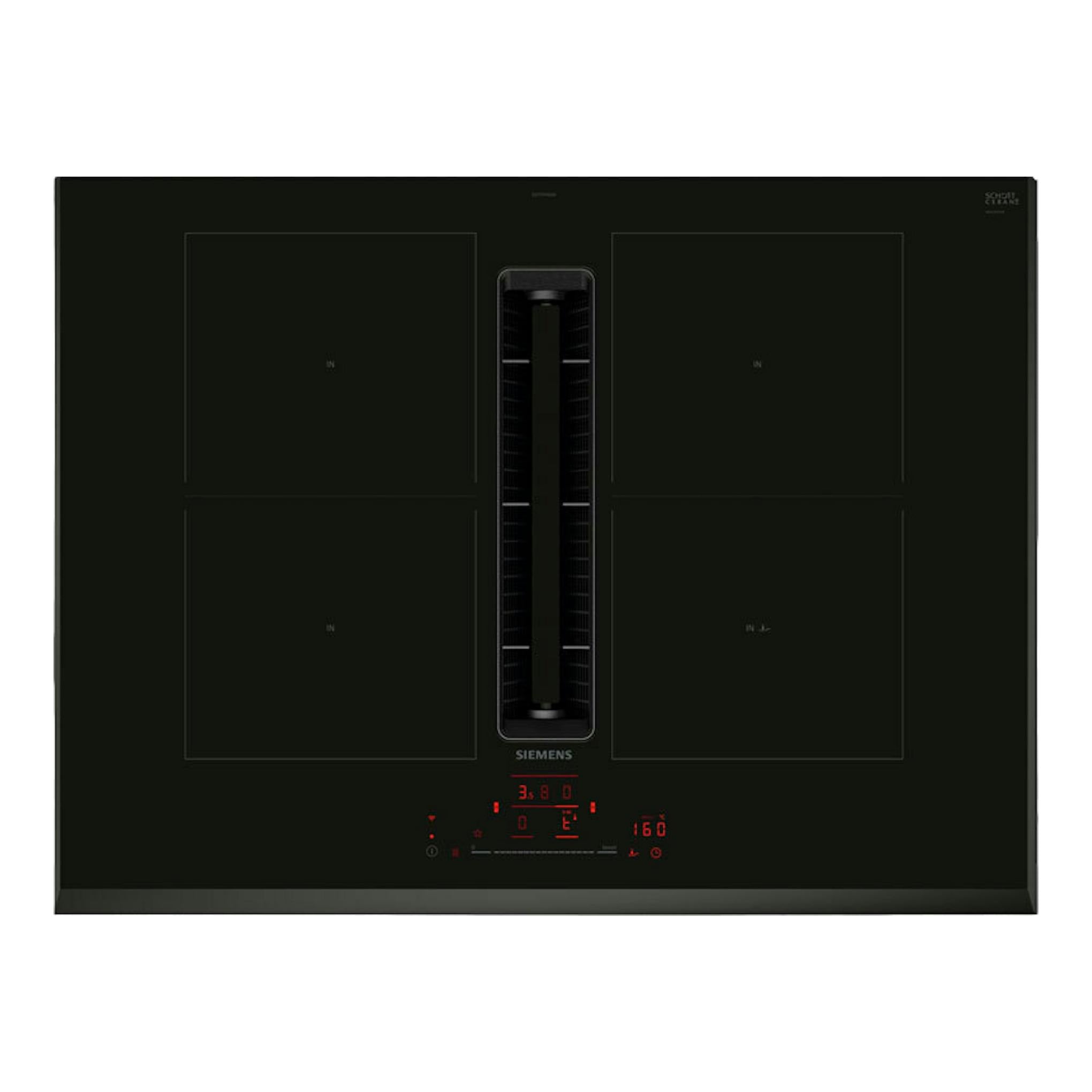 Placa de inducción Siemens ED751HQ26E negra de 70 cm, vista frontal, con campana integrada central.