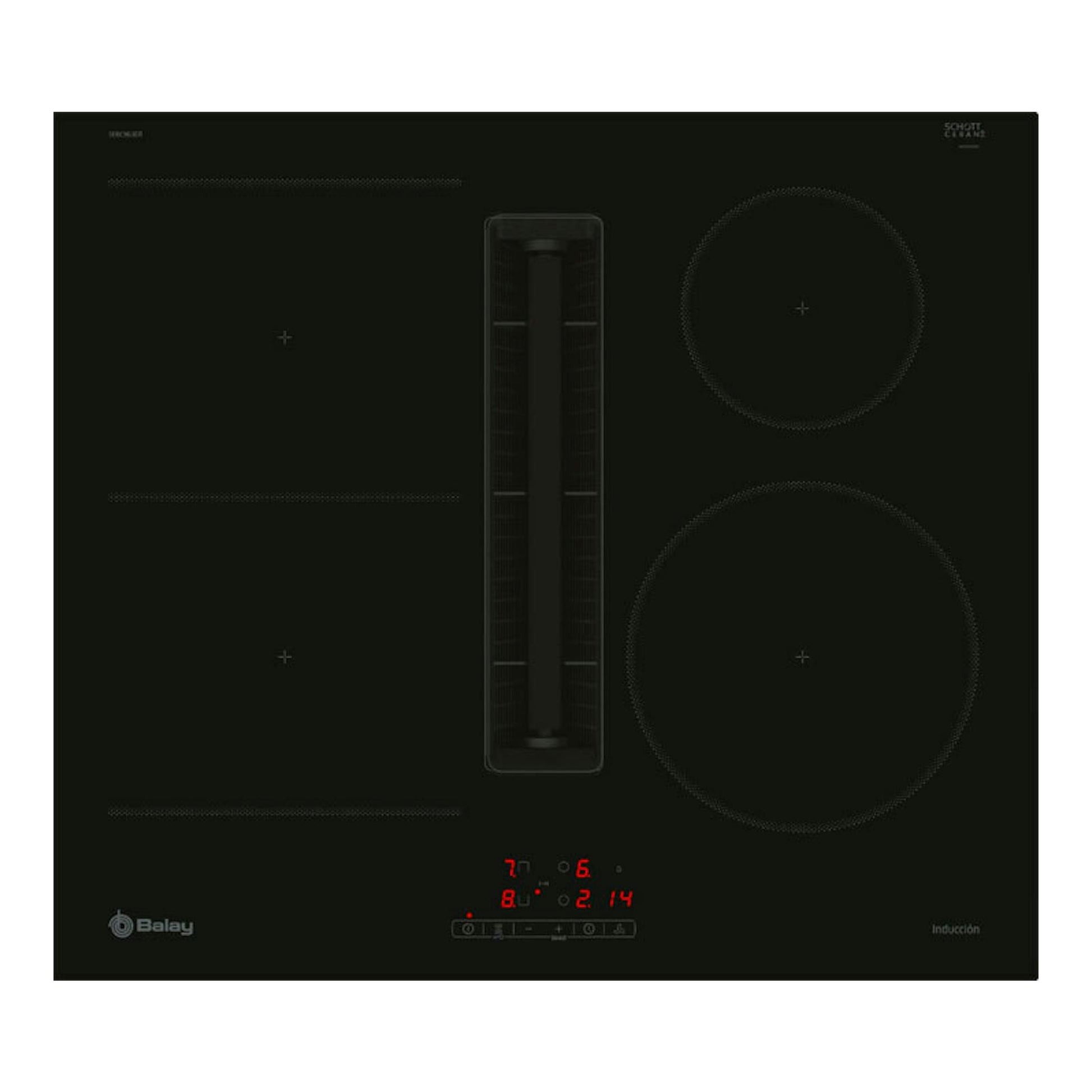 Placa de inducción Balay 3EBC963ER negra, vista frontal, con extractor integrado central.