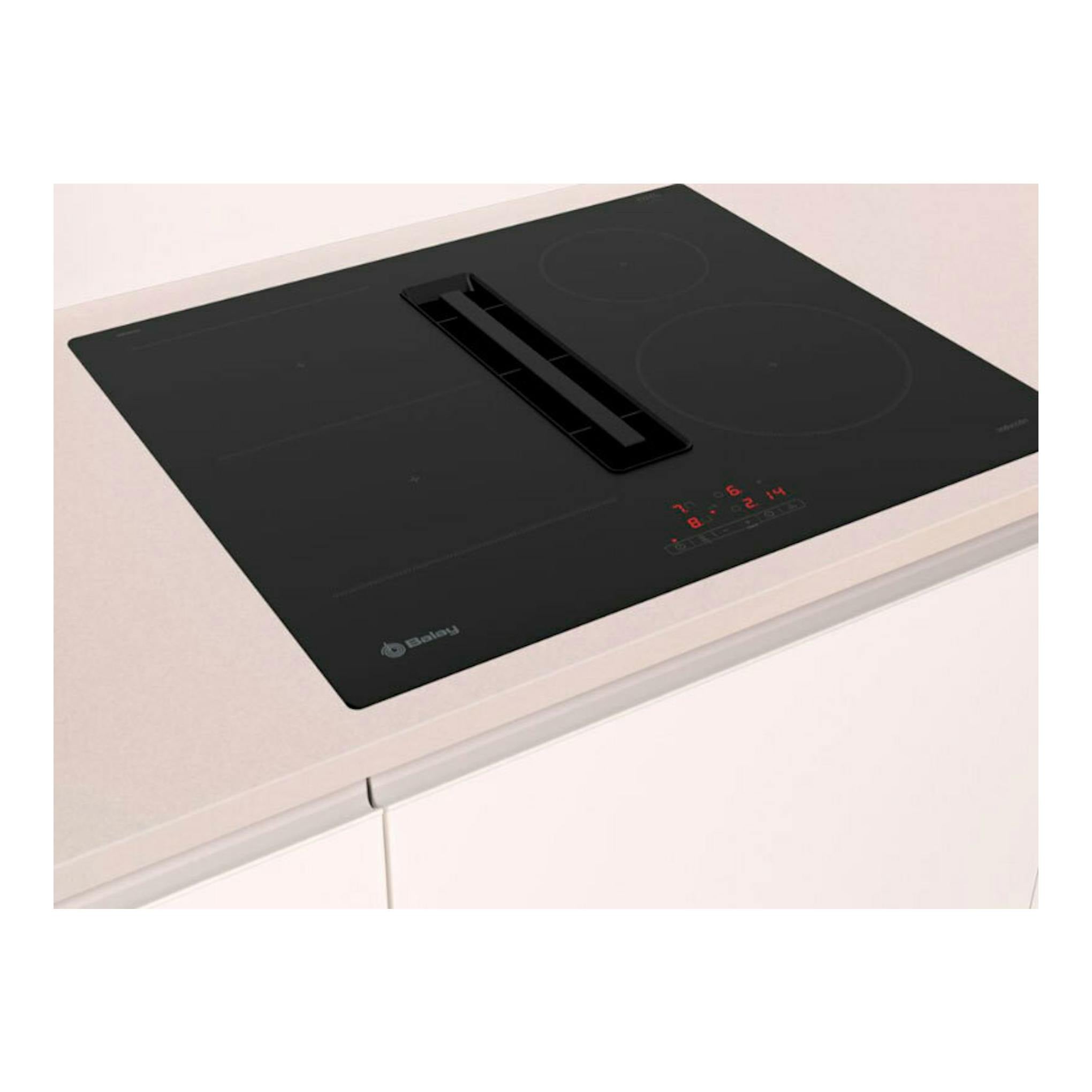 Placa de inducción Balay 3EBC963ER negra con extractor integrado, vista en ángulo.