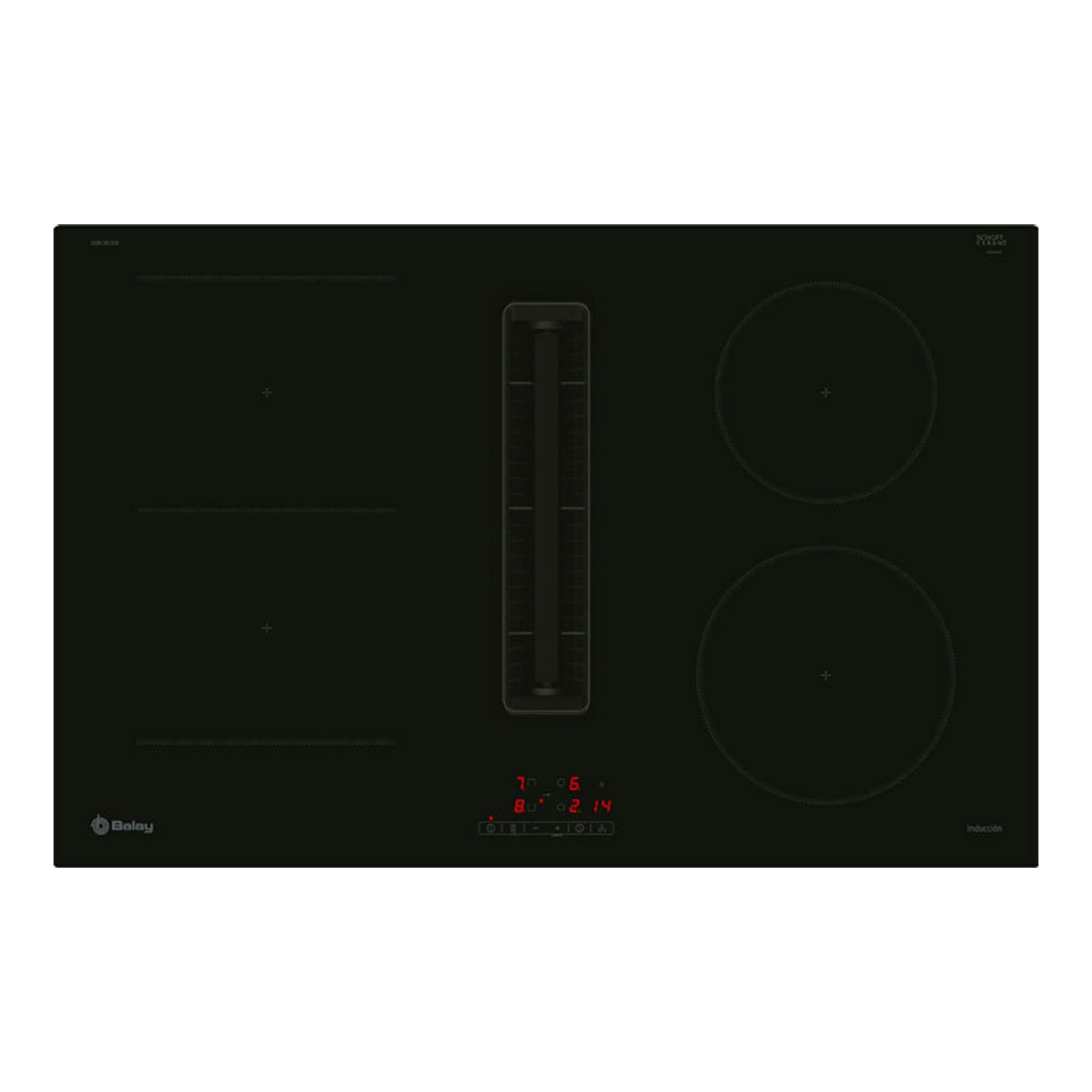 Placa de inducción Balay 3EBC983ER negra de 80 cm, vista frontal, con extractor integrado central.