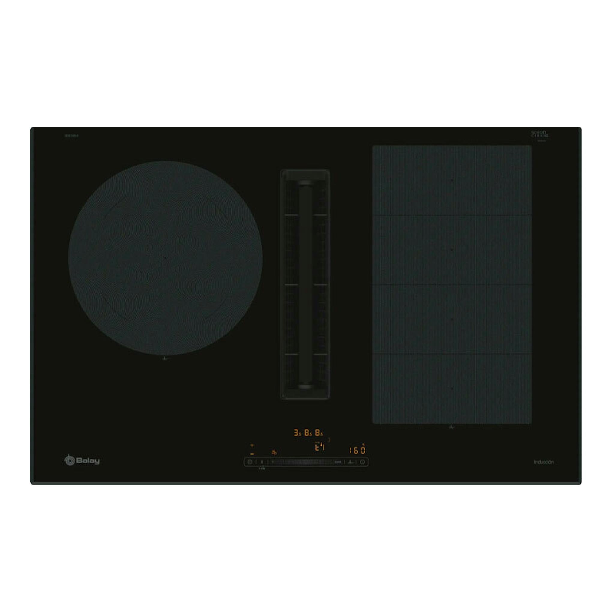 Placa de inducción Balay 3EBC989LH negra, vista frontal, con extractor integrado central y zonas de cocción.