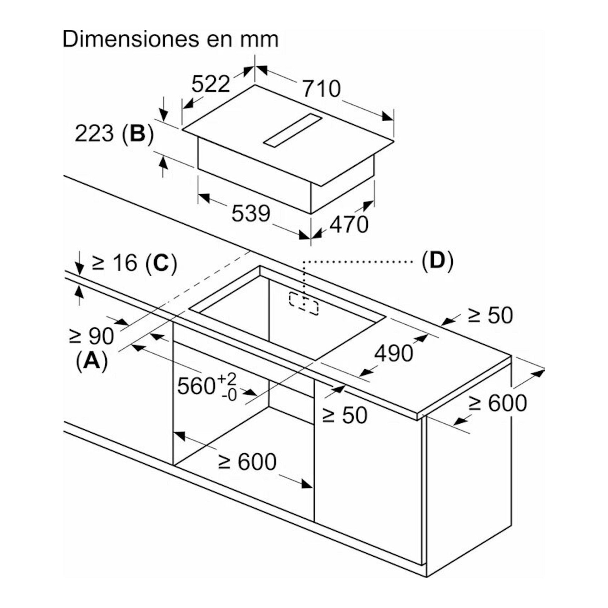 Bosch PVQ731H26E: esquema técnico en vista isométrica con cotas de una placa con extractor integrado.