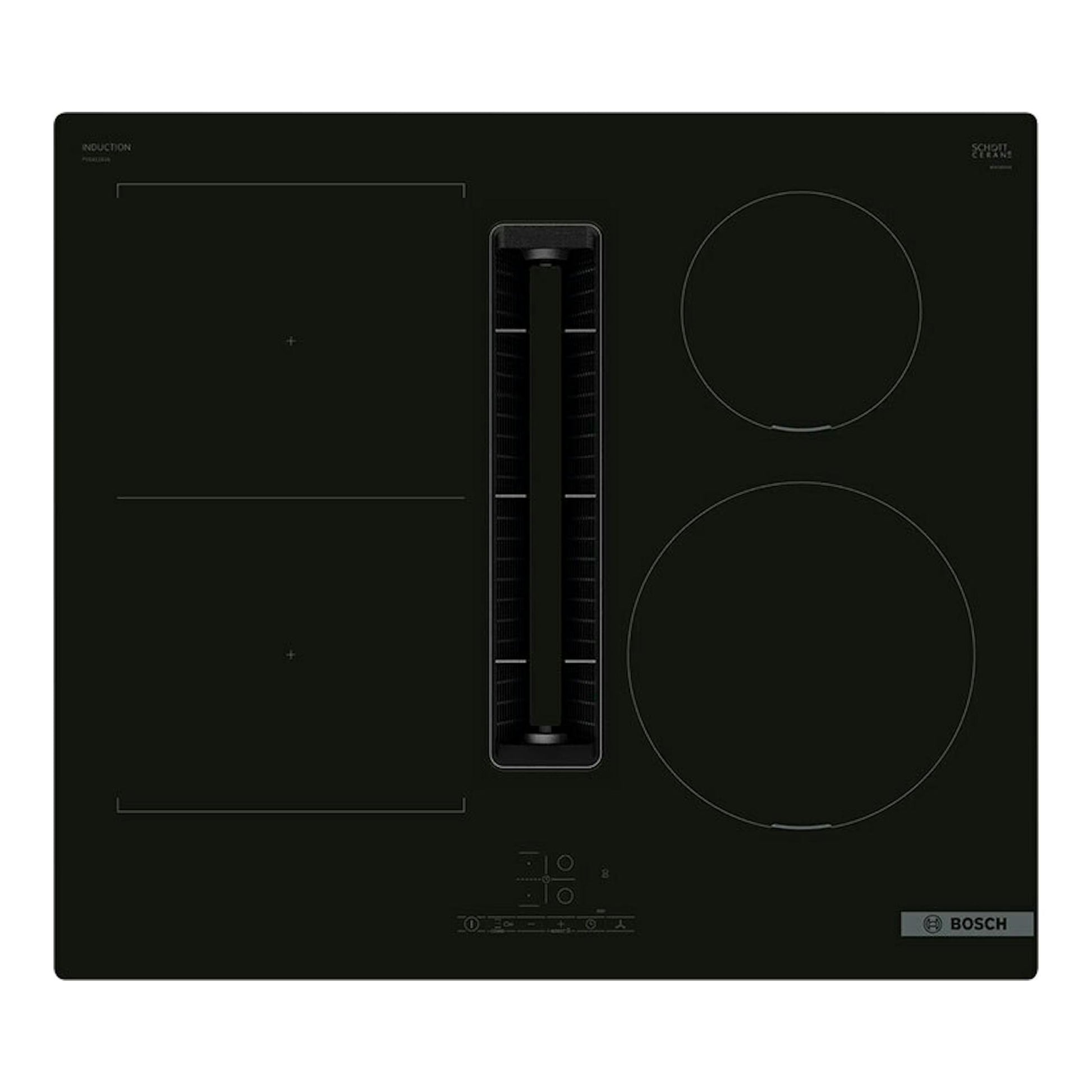 Placa de inducción Bosch PVS611B16E negra, vista frontal, con extractor central integrado y dos zonas circulares.