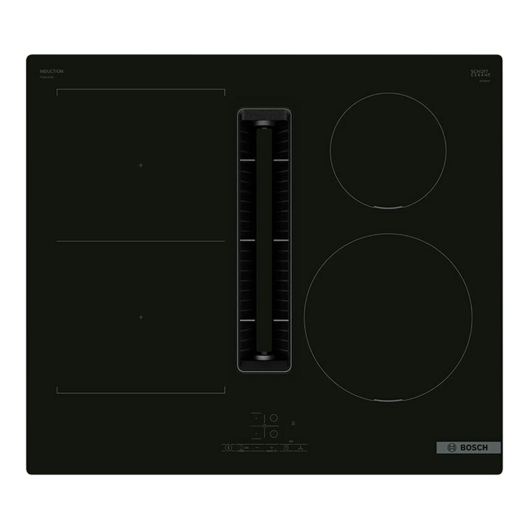 Placa de inducción Bosch PVS611B16E negra, vista frontal, con extractor central integrado y dos zonas circulares.