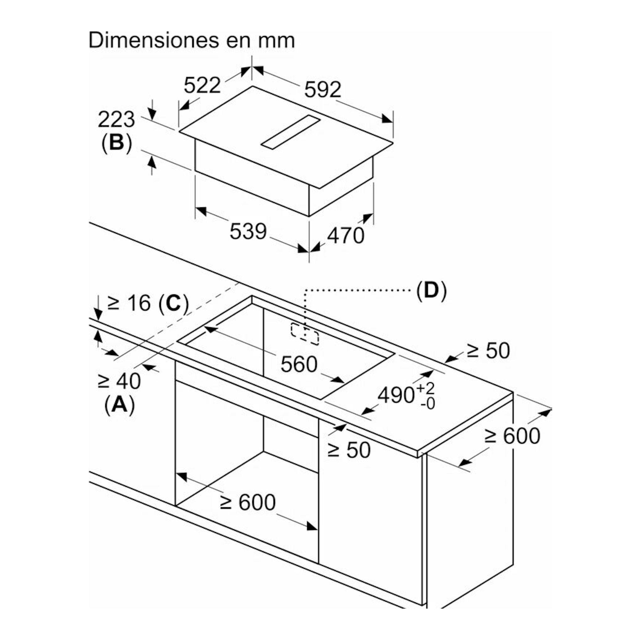 Diagrama técnico de la placa Bosch PVS611B16E con extractor integrado, vista isométrica en blanco y negro.