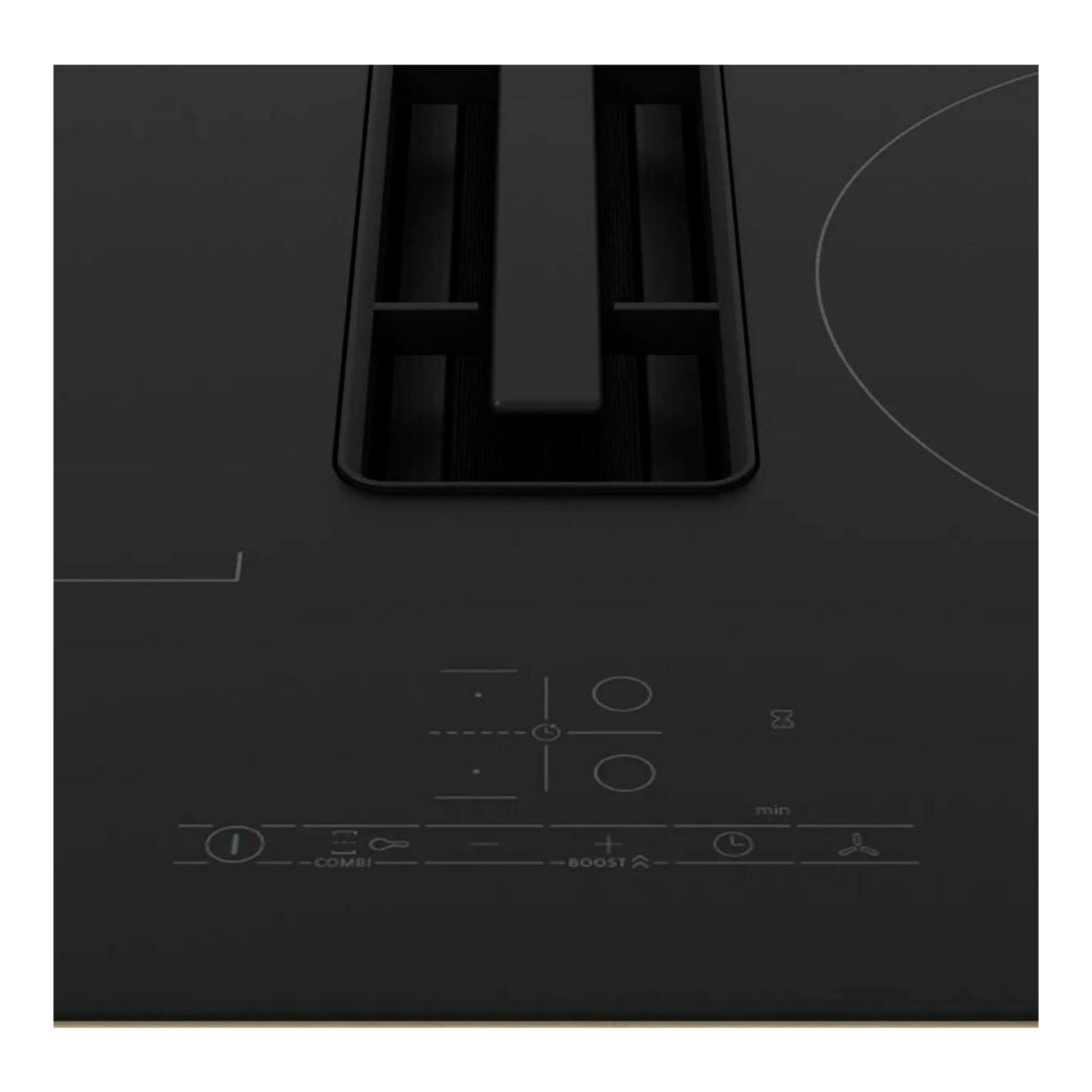 Placa de inducción Bosch PVS611B16E negra, vista frontal, con extractor integrado y panel táctil.