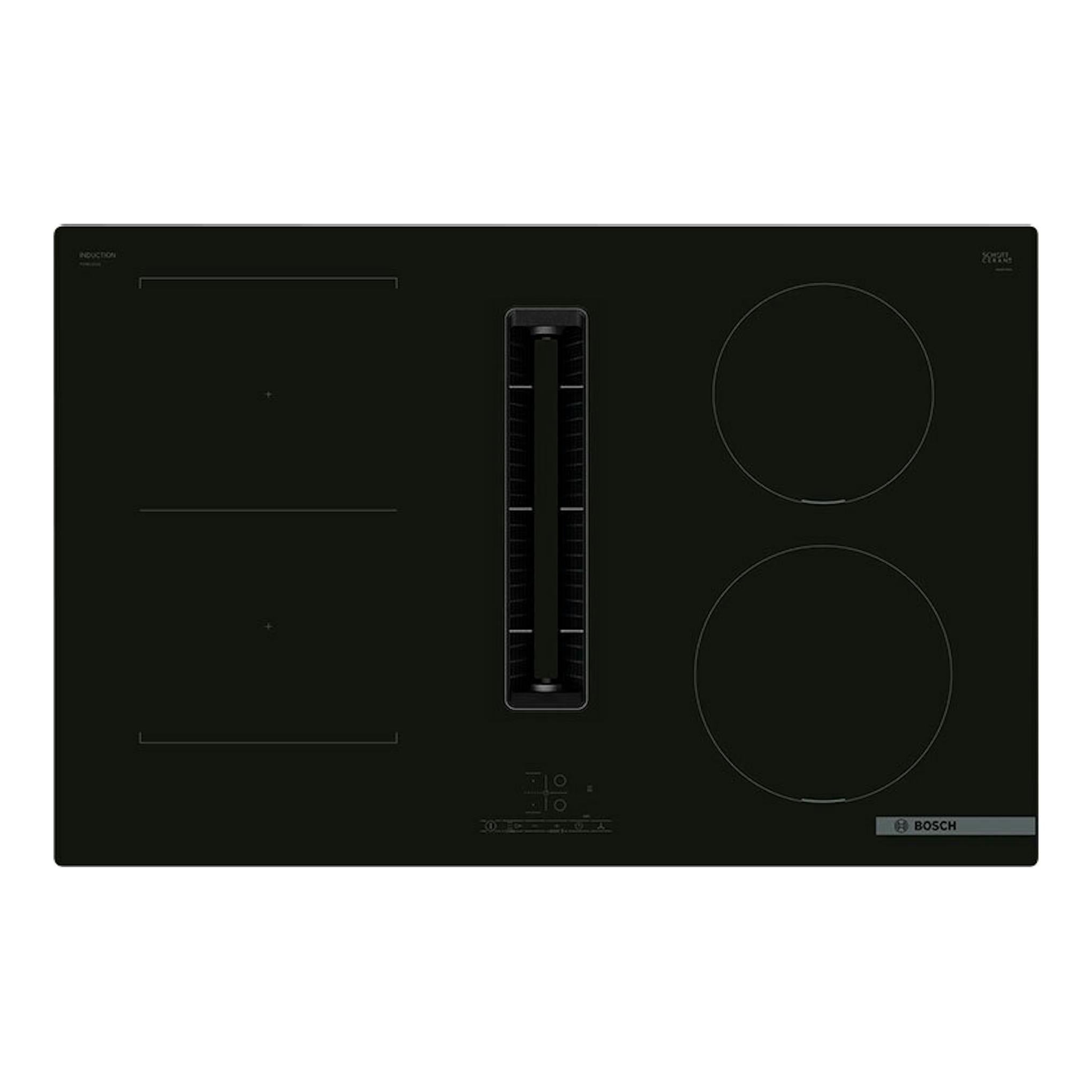 Placa de inducción Bosch PVS811B16E negra, vista frontal, con extractor integrado central.