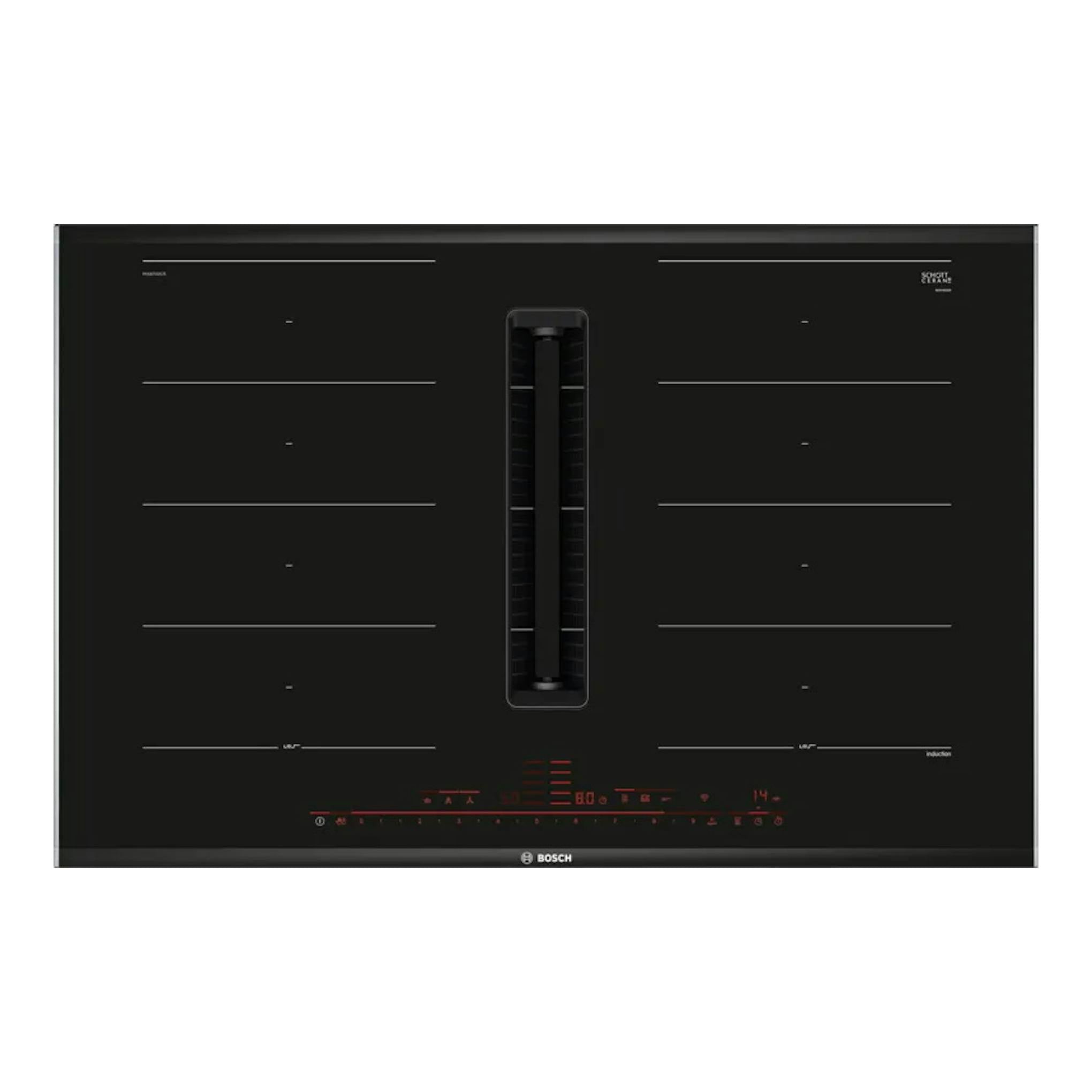 Placa de inducción Bosch PXX875D57E negra, vista frontal, con extractor integrado central.