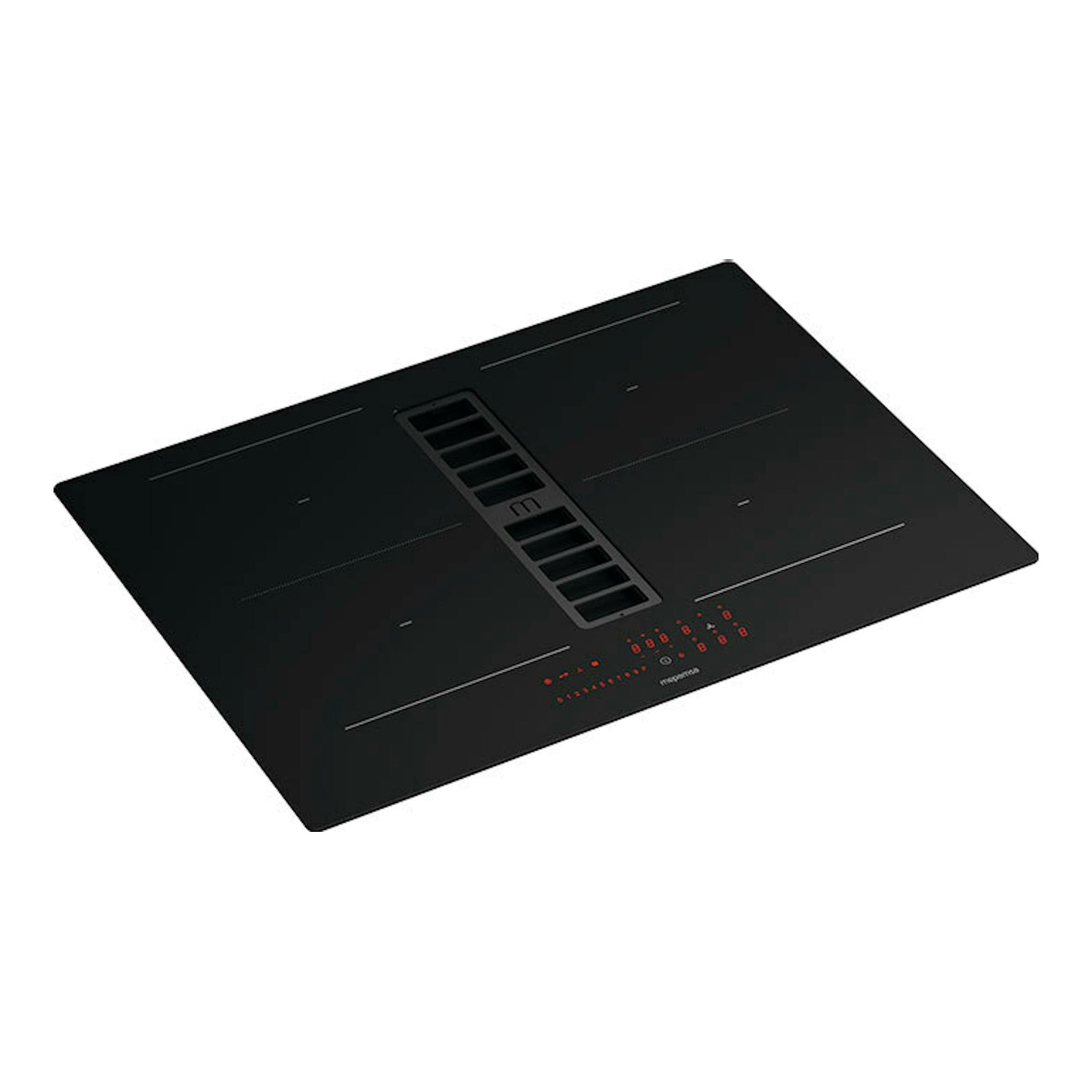 Placa de inducción negra Mepamsa Indu Max BK, vista en ángulo, con extractor integrado central.