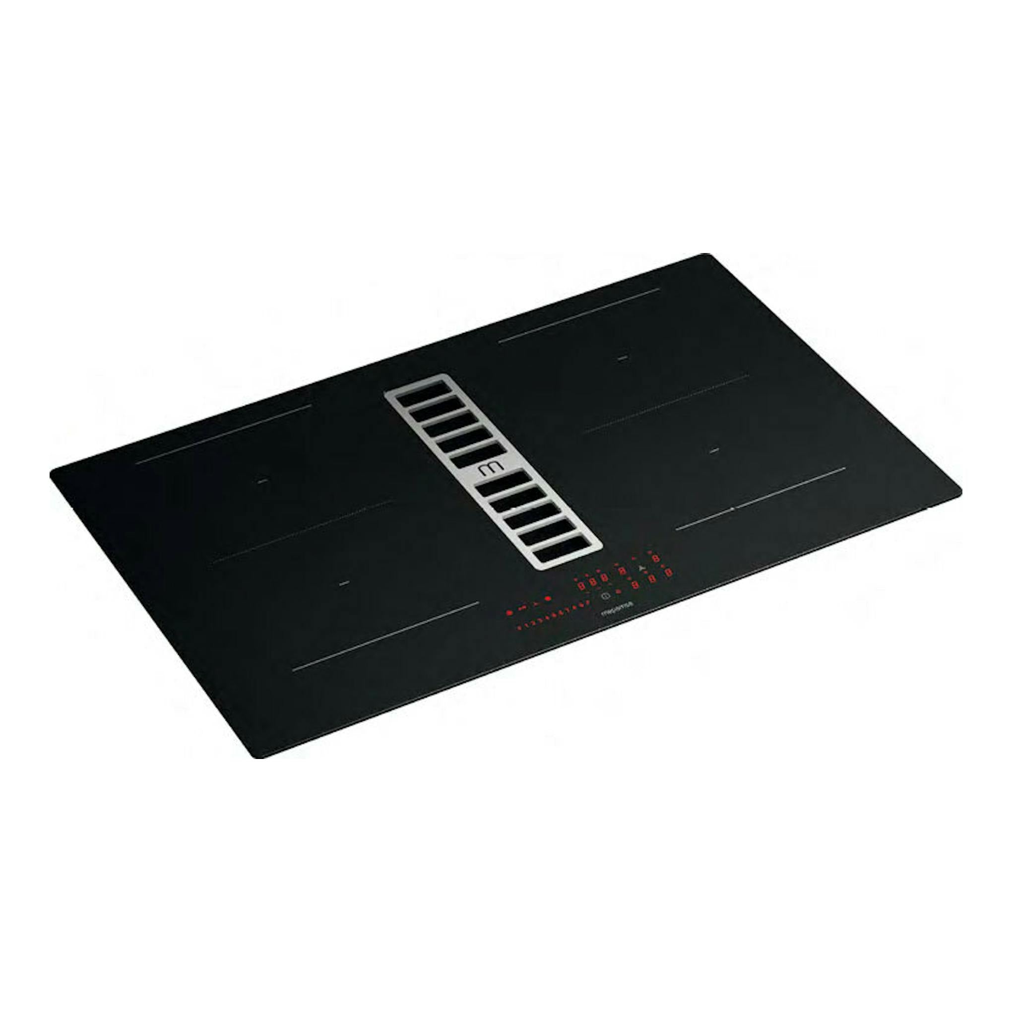 Placa de inducción Mepamsa Indu Max X negra, vista en ángulo, con extractor central y controles táctiles rojos.